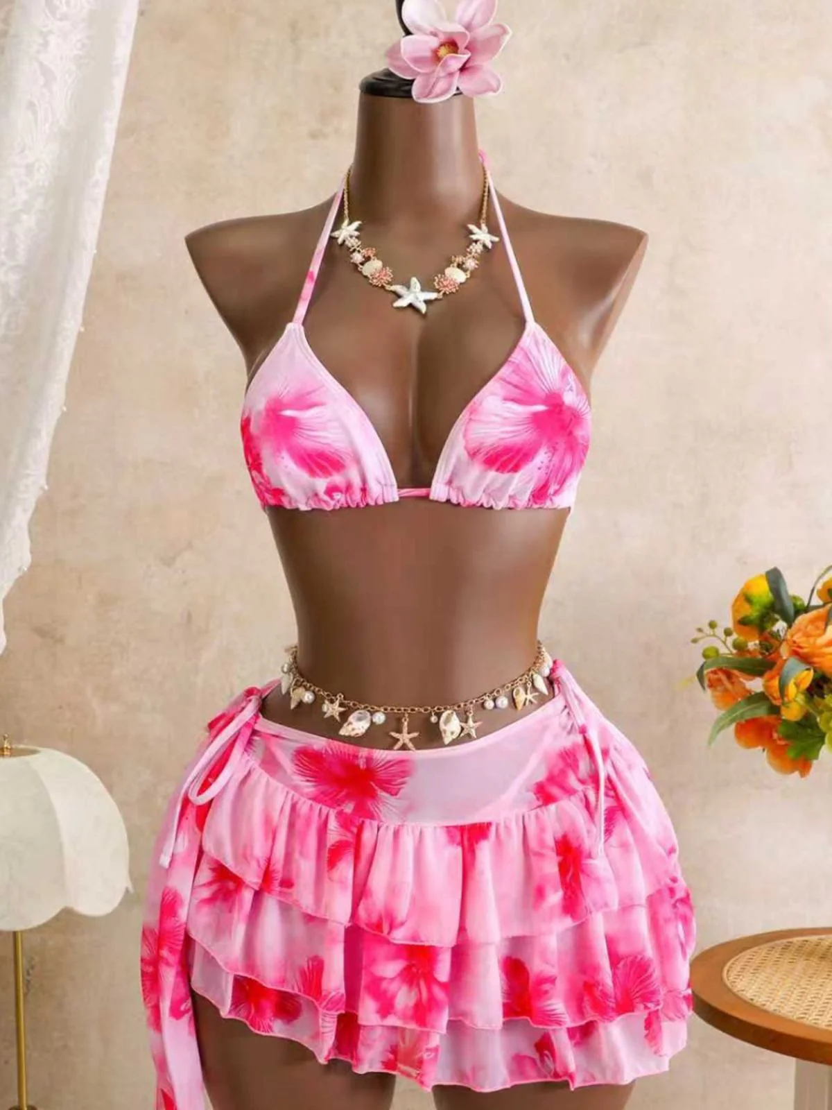 Bikini Licou Rose et Mini Jupe Tulle Années 1980 - Image 4