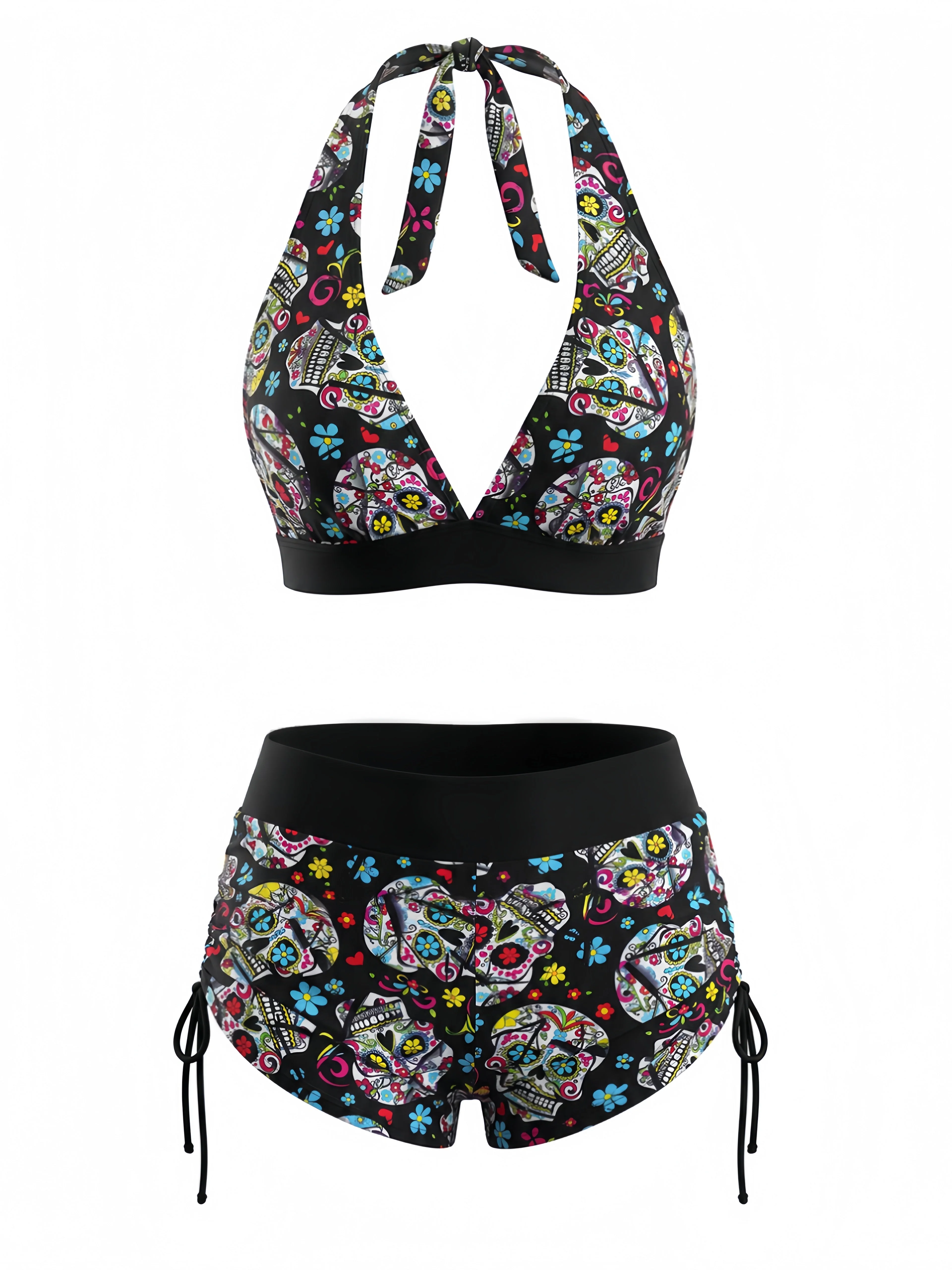 Bikini Noir À Crânes Col Licou Rockabilly Années 1980 - Image 2