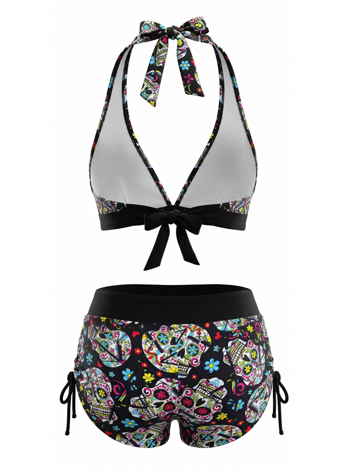Bikini Noir À Crânes Col Licou Rockabilly Années 1980 - Image 3