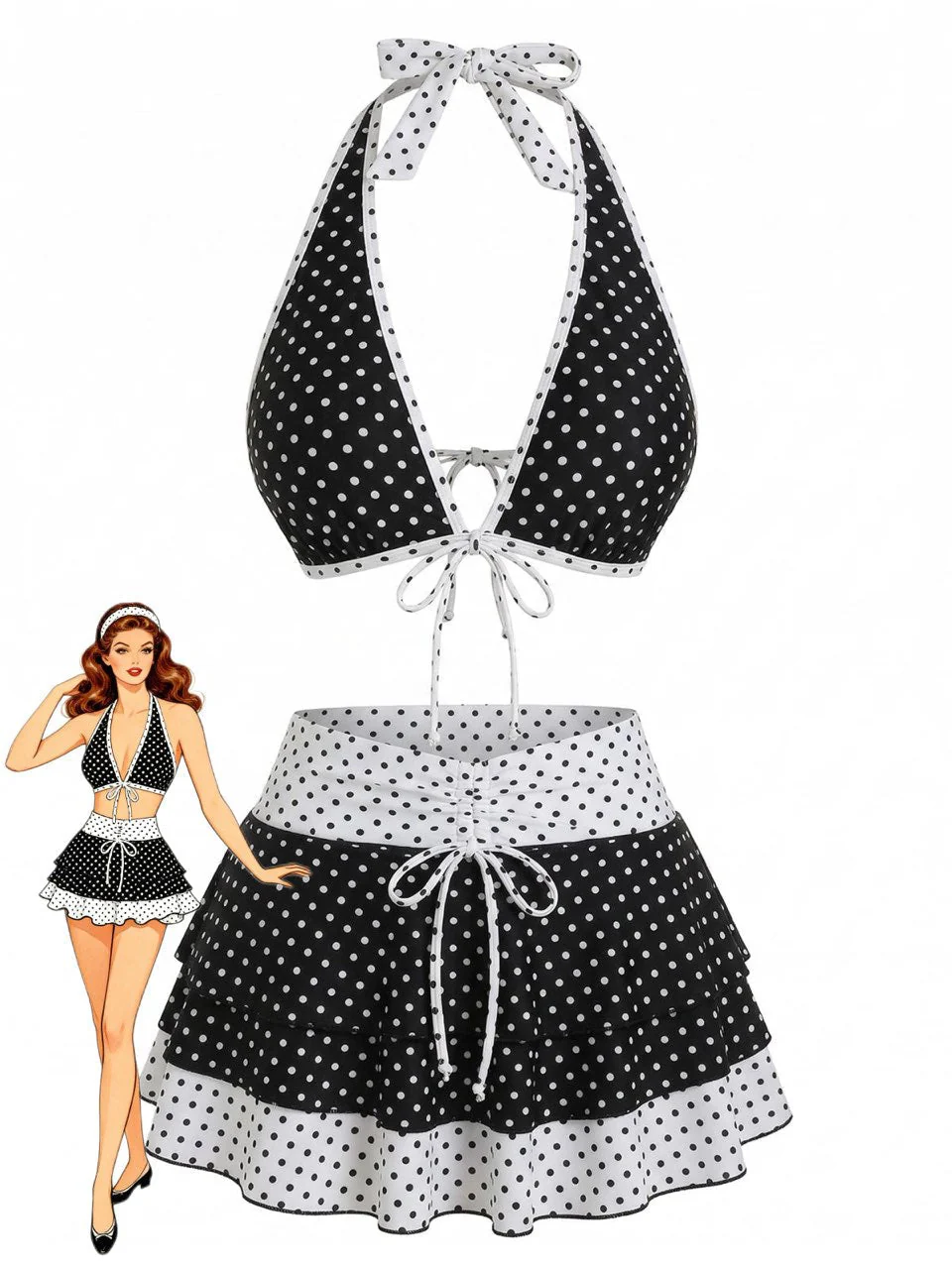 Bikini Noir à Pois et Cache Maillot Années 40
