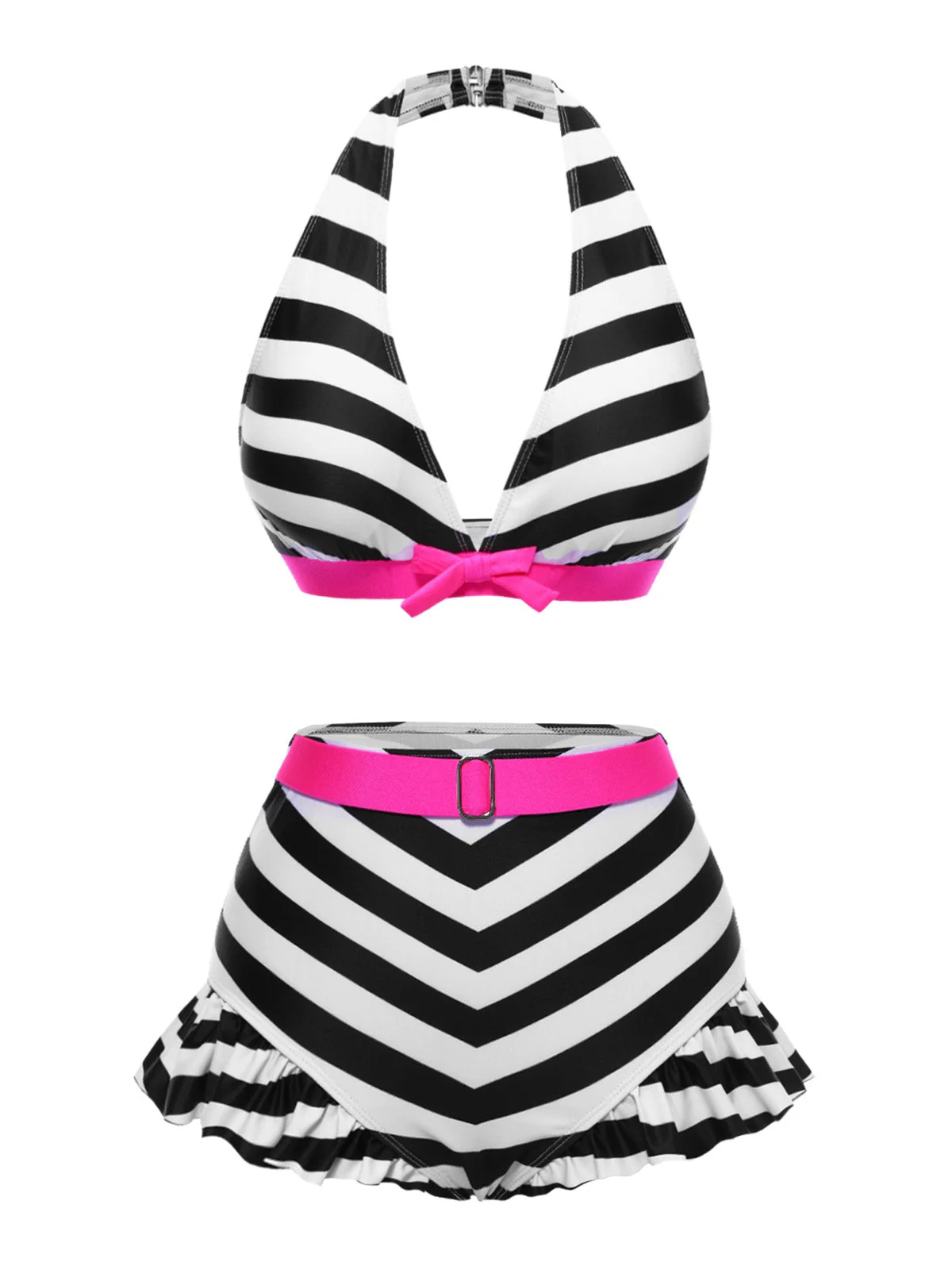Bikini noir à rayures contrastées et volants années 1950 - Image 2