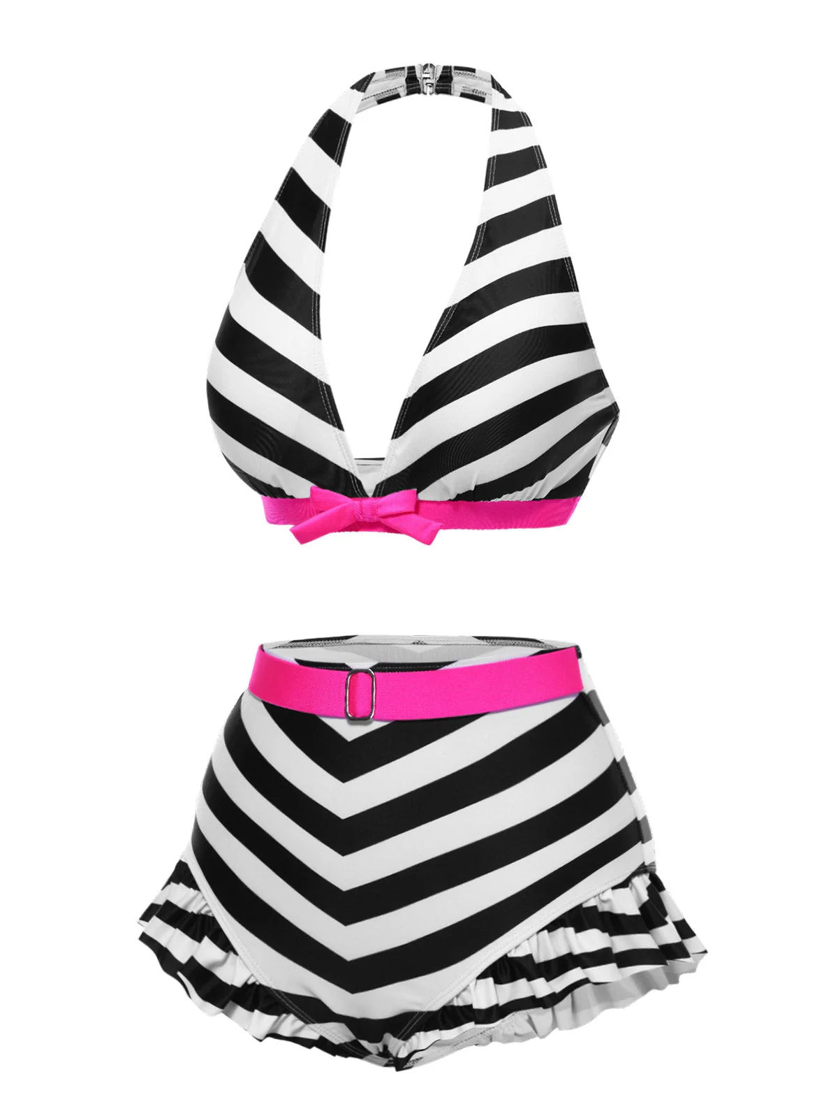 Bikini noir à rayures contrastées et volants années 1950 - Image 3