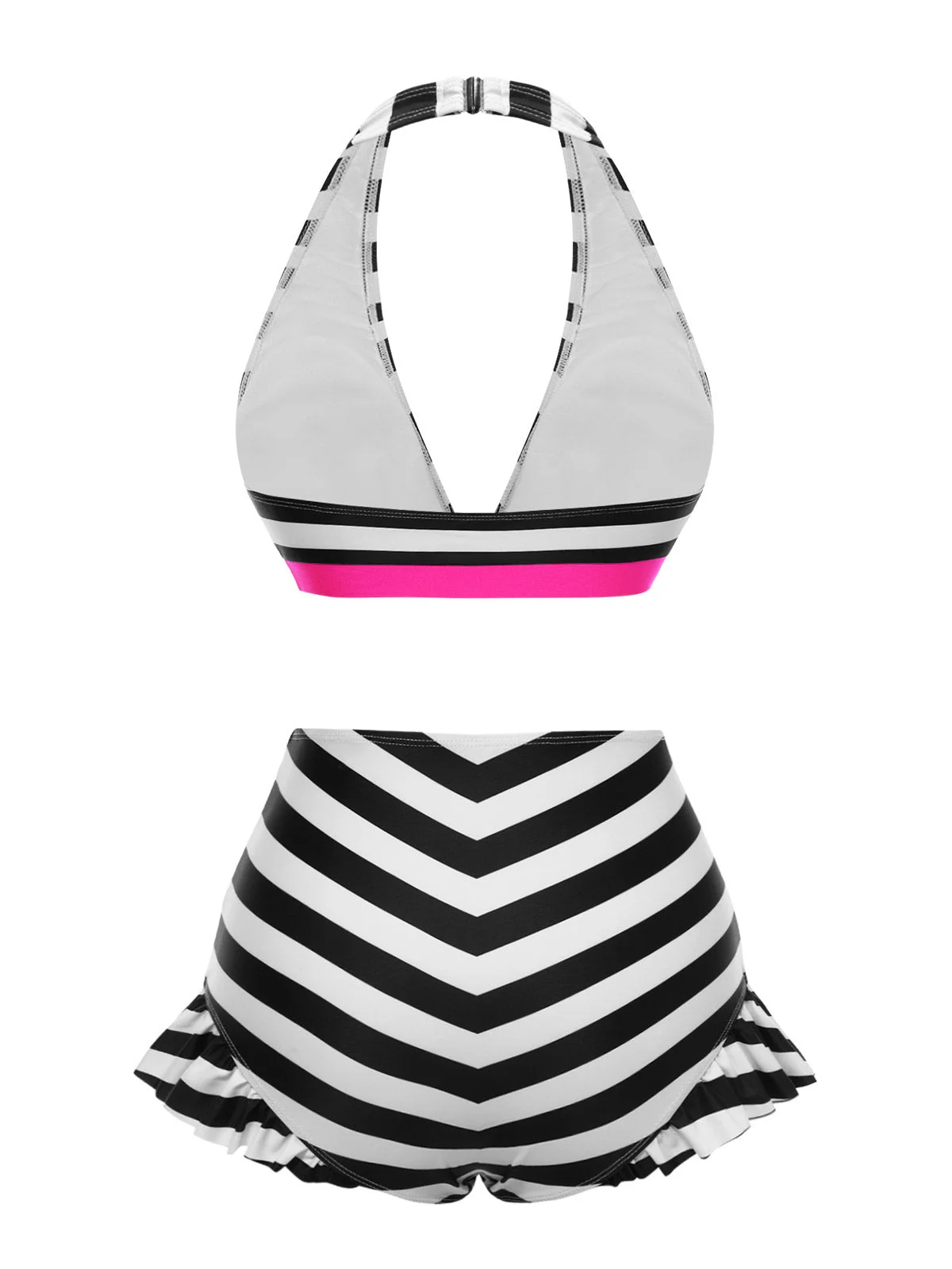 Bikini noir à rayures contrastées et volants années 1950 - Image 4
