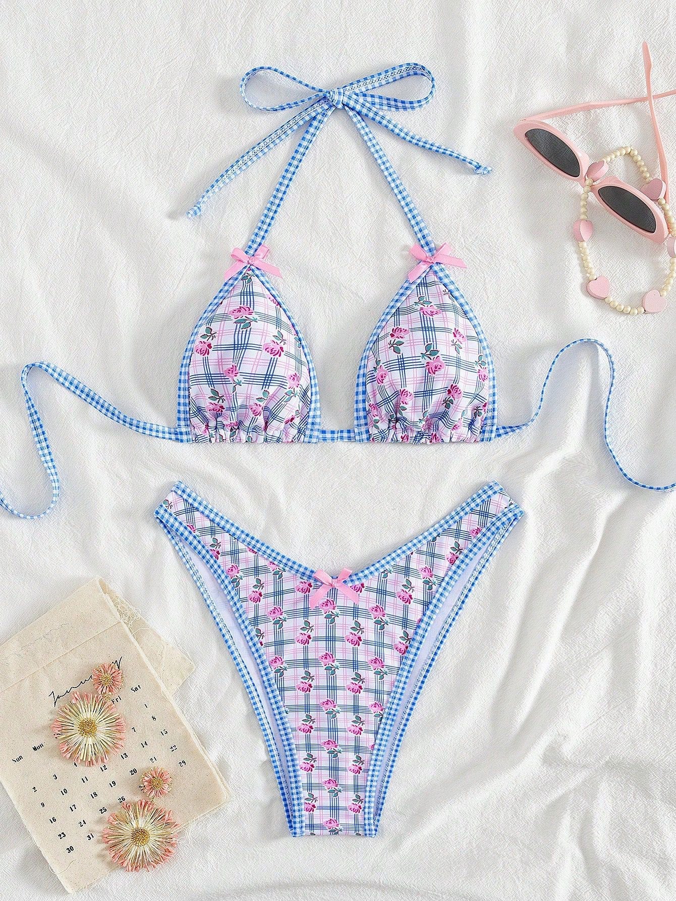Bikini Triangle Col Licou Vichy Fleur Bleu Années 60