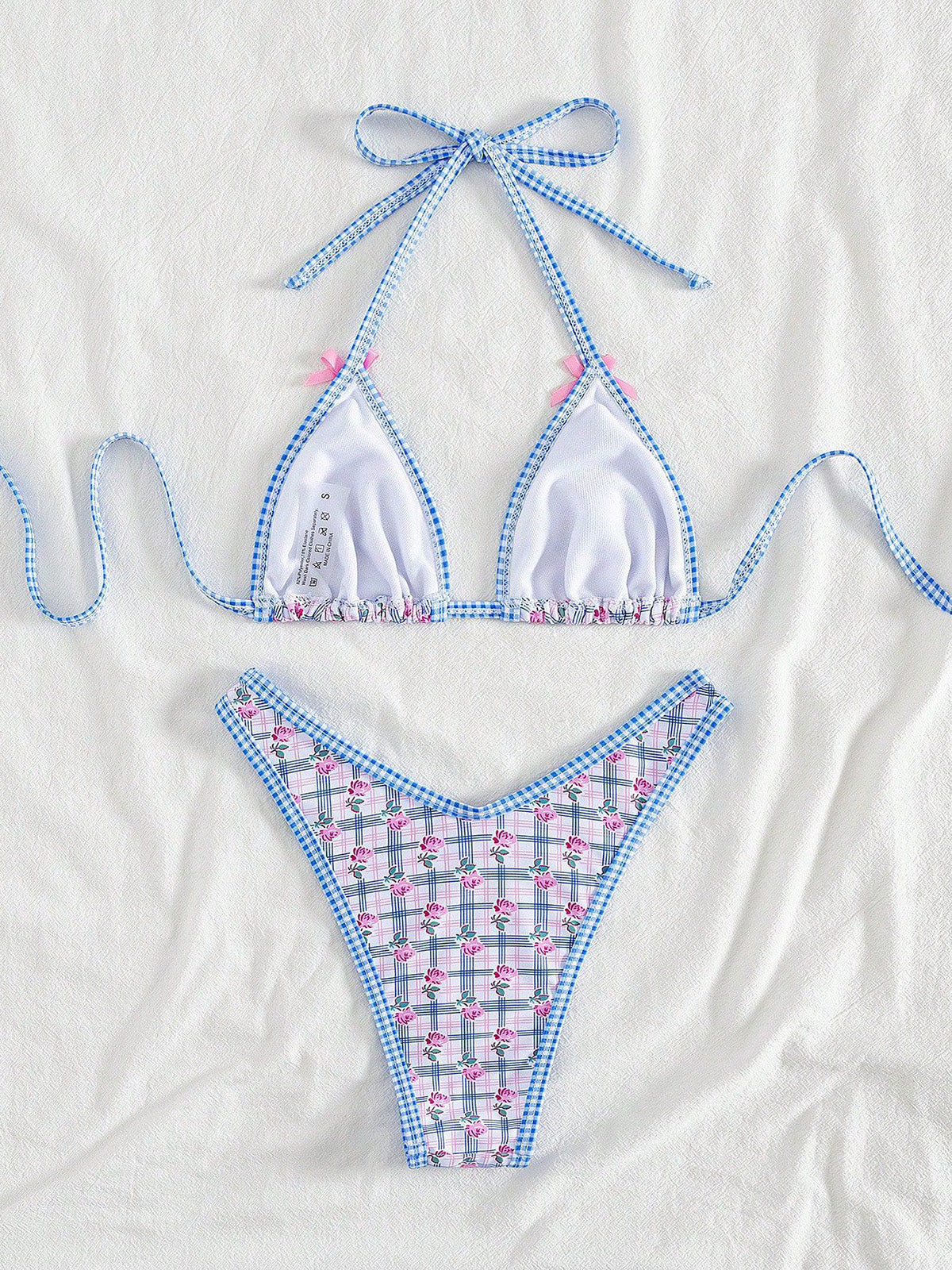 Bikini Triangle Col Licou Vichy Fleur Bleu Années 60 - Image 3