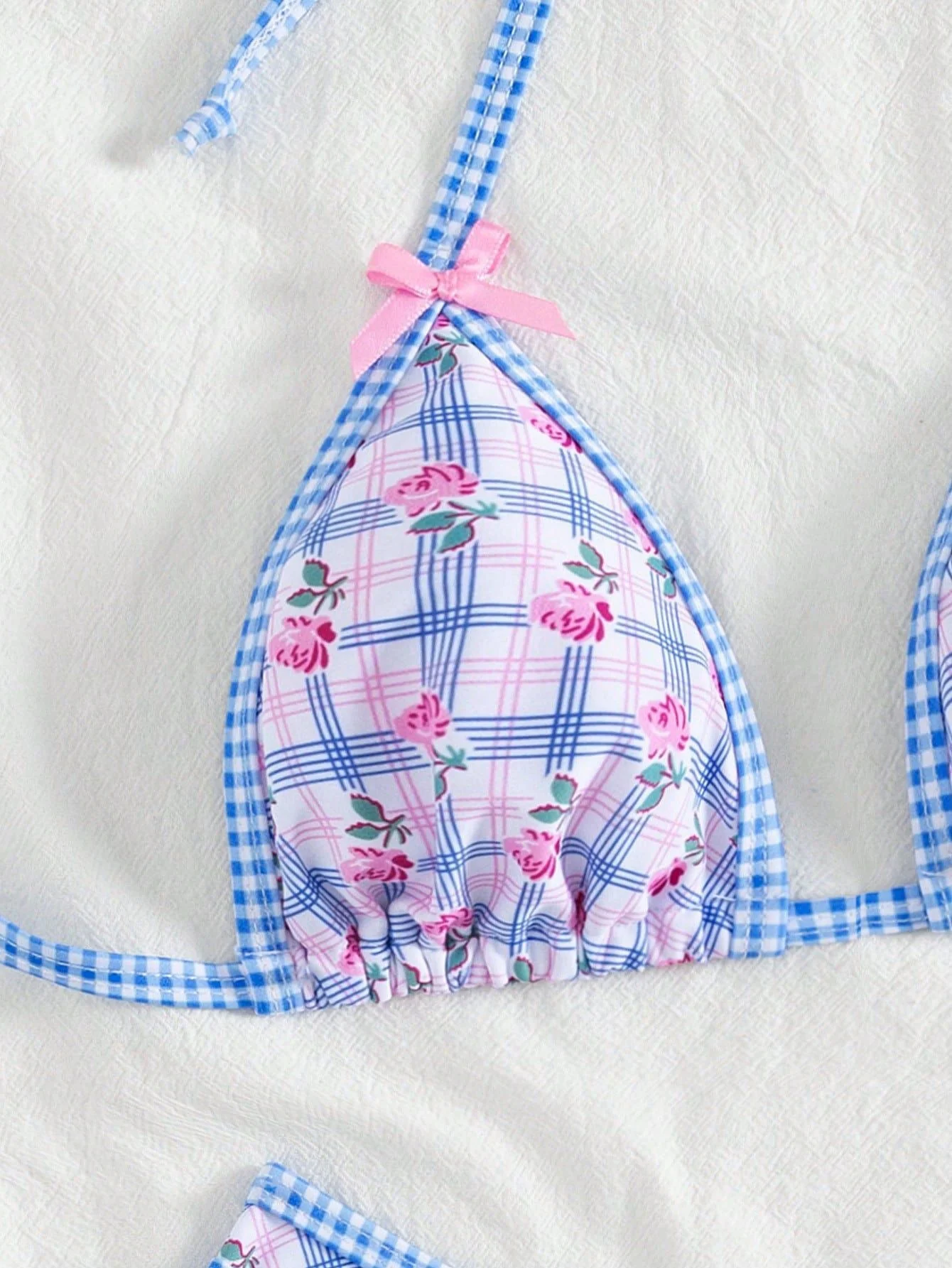 Bikini Triangle Col Licou Vichy Fleur Bleu Années 60 - Image 4
