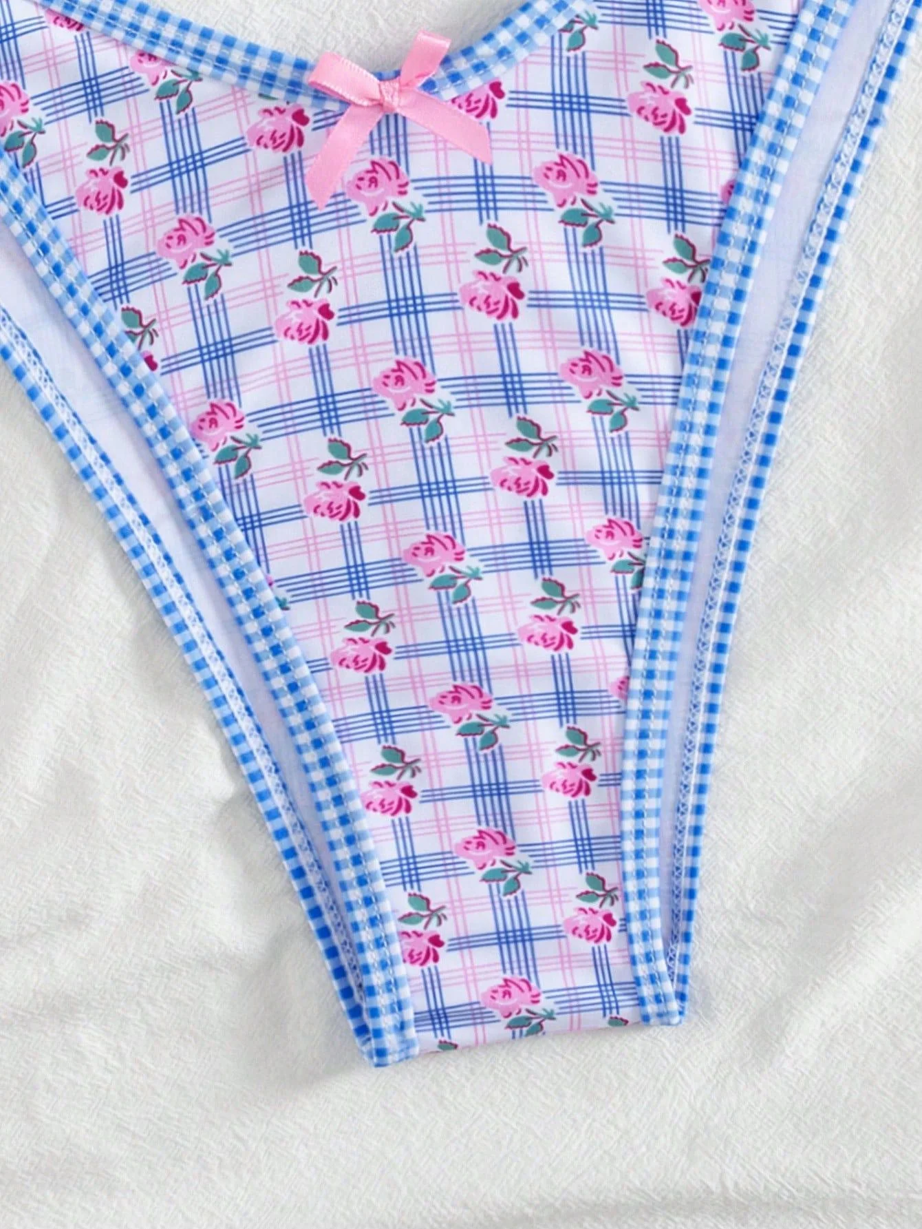 Bikini Triangle Col Licou Vichy Fleur Bleu Années 60 - Image 5