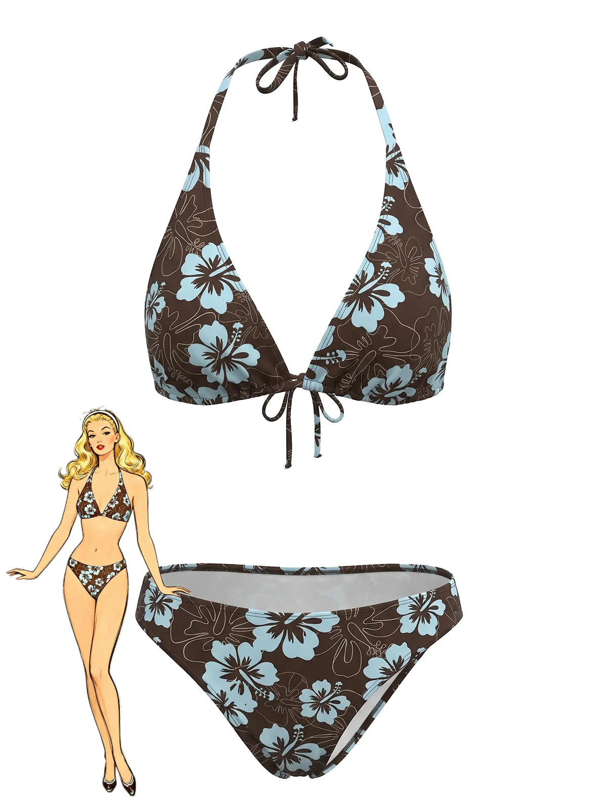 Bikini Triangle Licou Imprimé Hibiscus Marron Années 1960