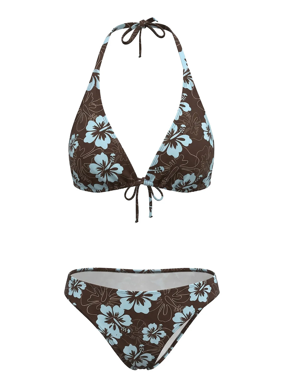 Bikini Triangle Licou Imprimé Hibiscus Marron Années 1960 - Image 2