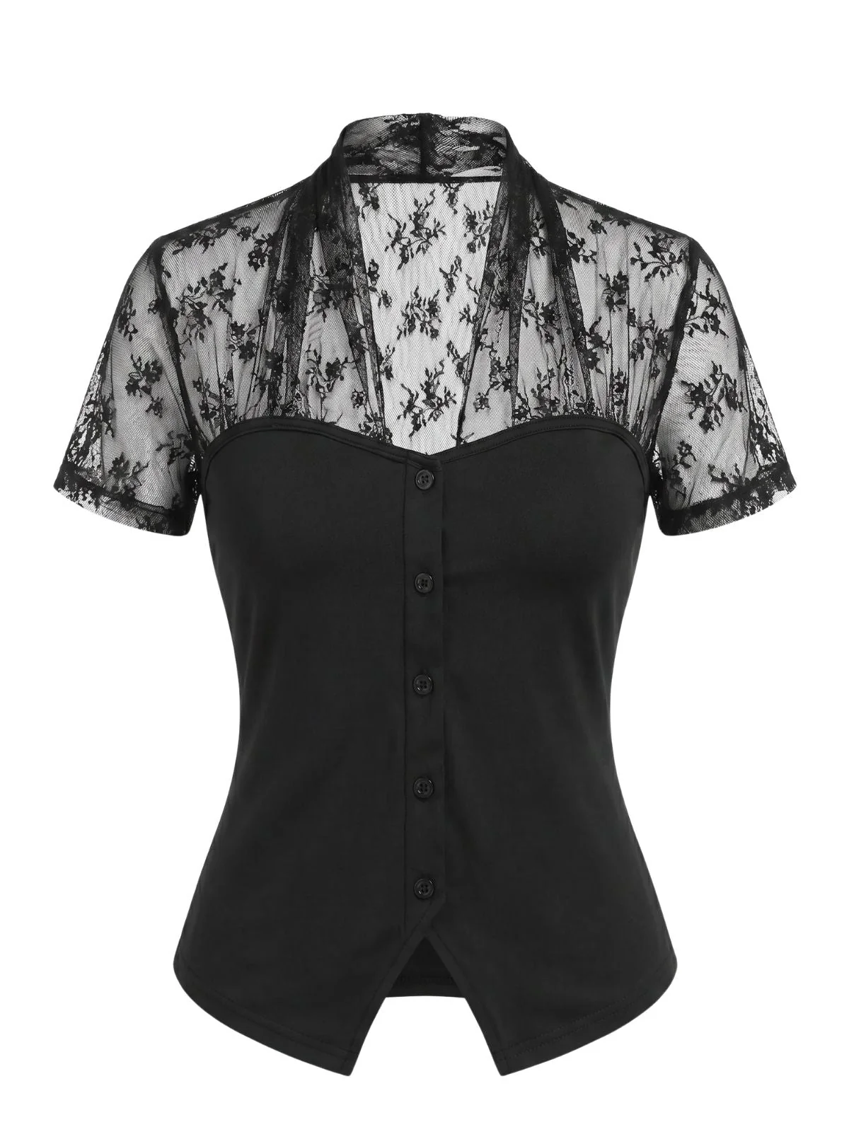 Blouse noire col V et empiècements dentelle années 60