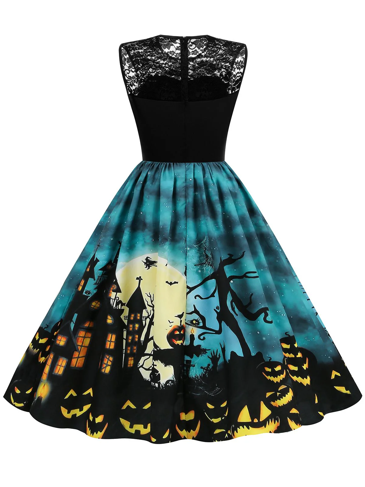 Robe patchwork en dentelle de château d'Halloween des années 1950 bleue - Image 2
