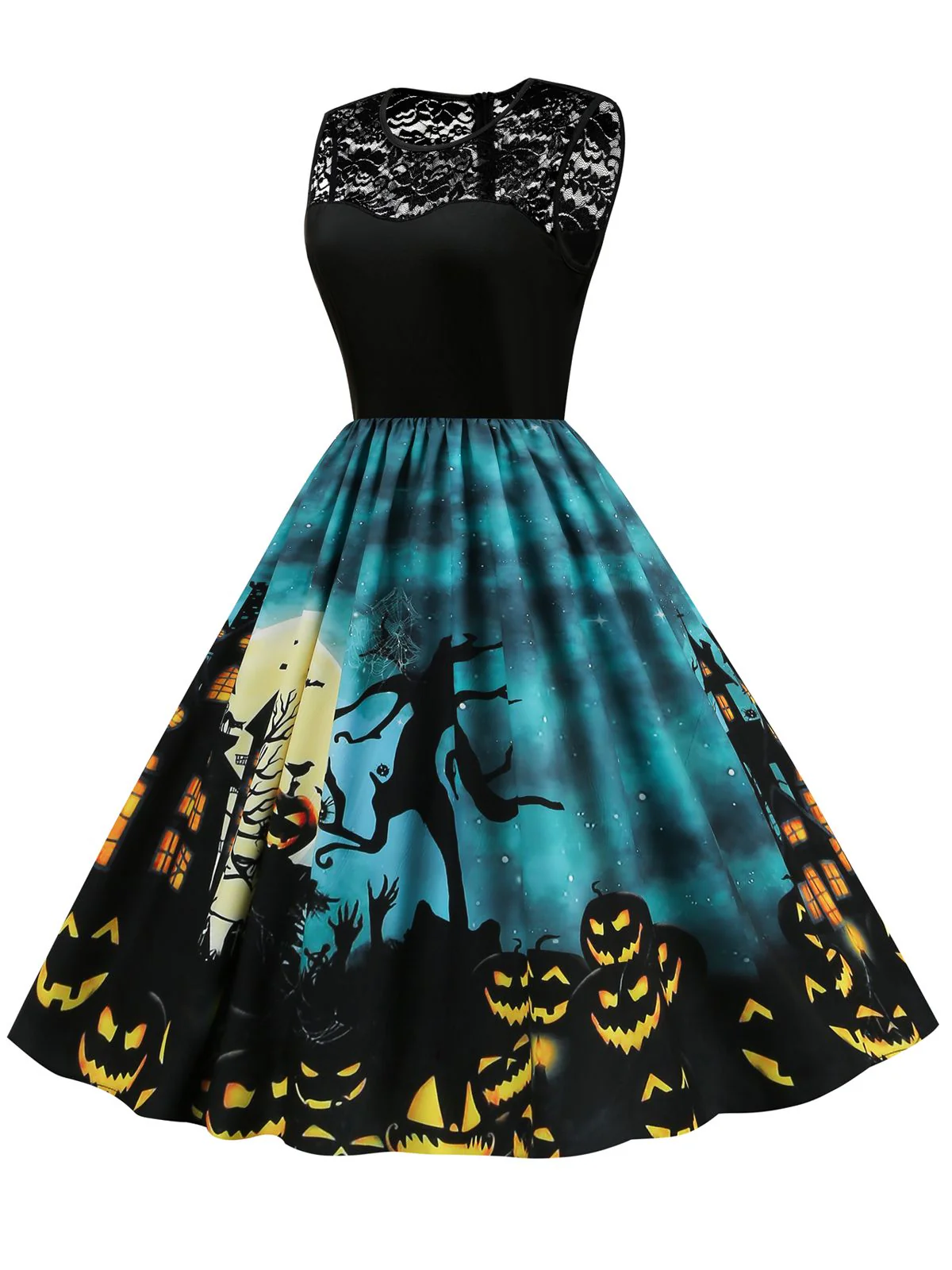 Robe patchwork en dentelle de château d'Halloween des années 1950 bleue - Image 3
