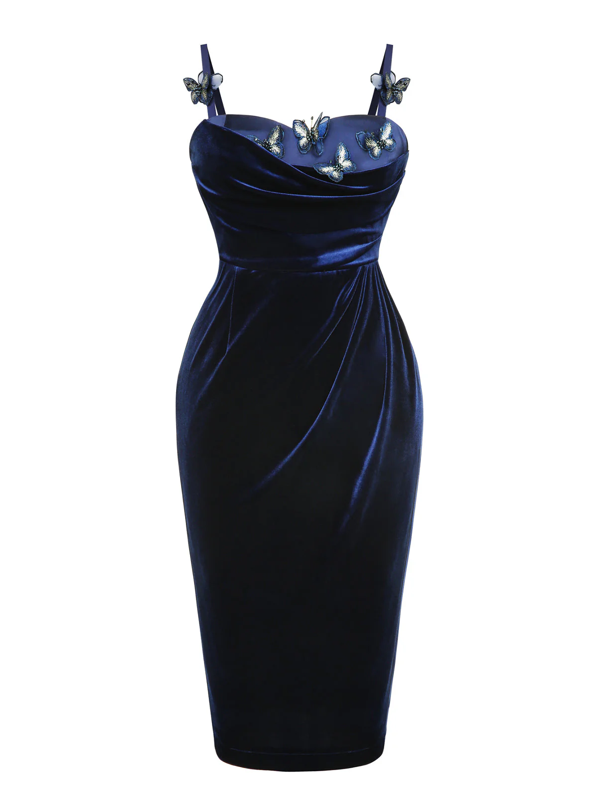 Robe crayon bleue en velours papillon 3D des années 1960 - Image 2