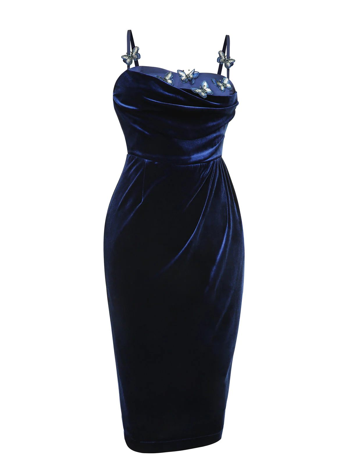 Robe crayon bleue en velours papillon 3D des années 1960 - Image 4