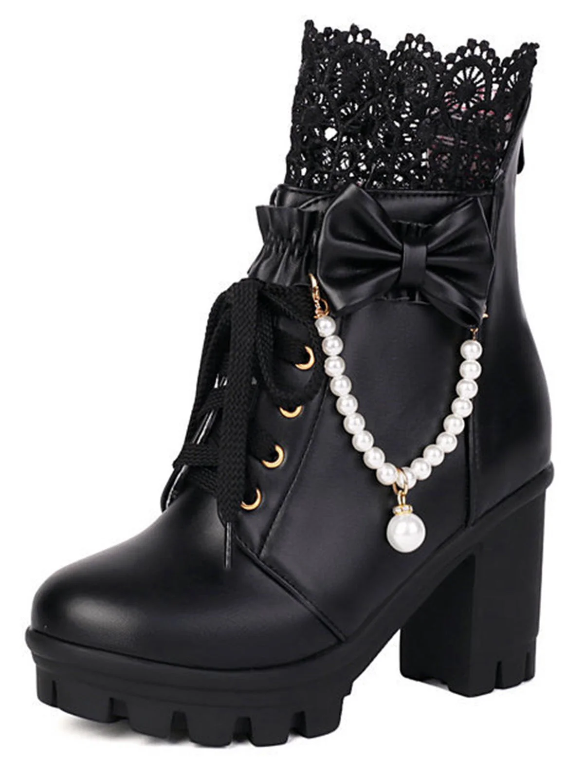 Bottes À Talons Épais Dentelle Perles Nœud Vintage