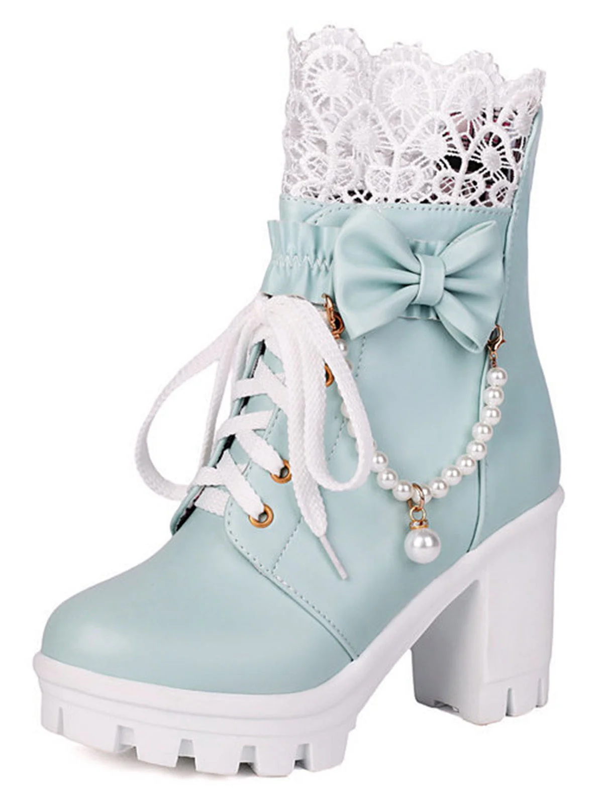 Bottes À Talons Épais Dentelle Perles Nœud Vintage - Image 12