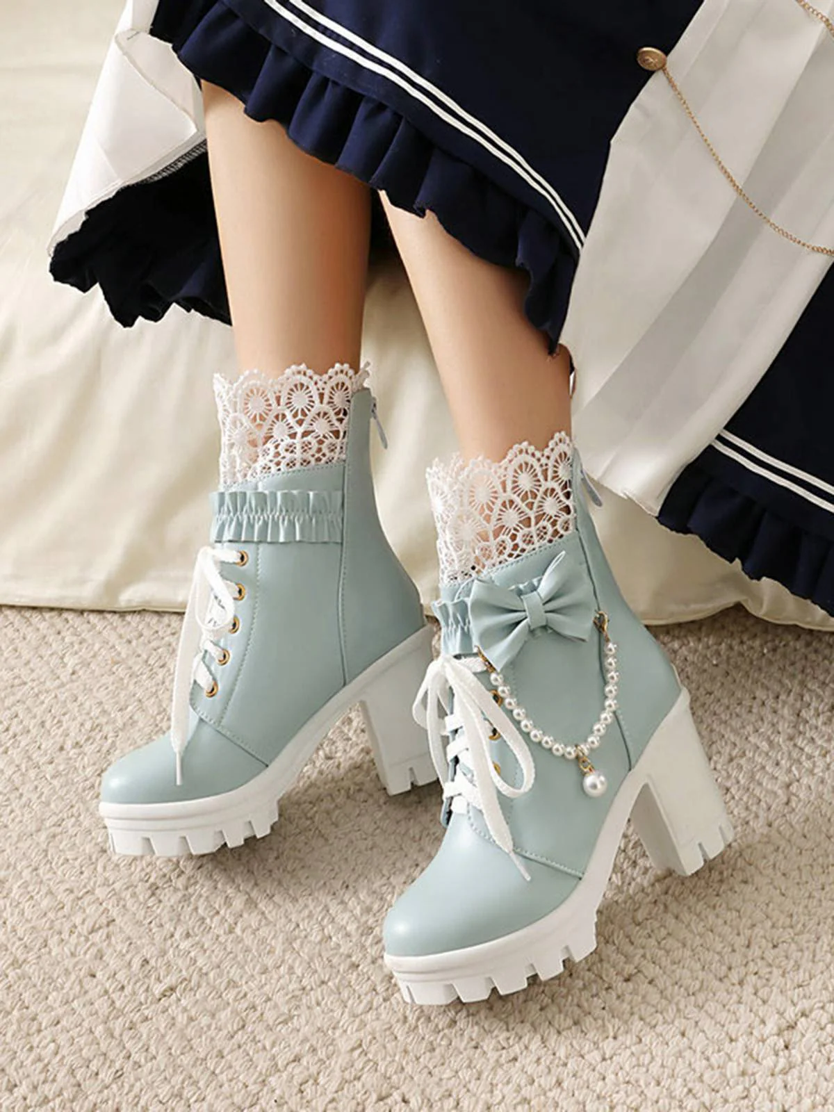 Bottes À Talons Épais Dentelle Perles Nœud Vintage - Image 13