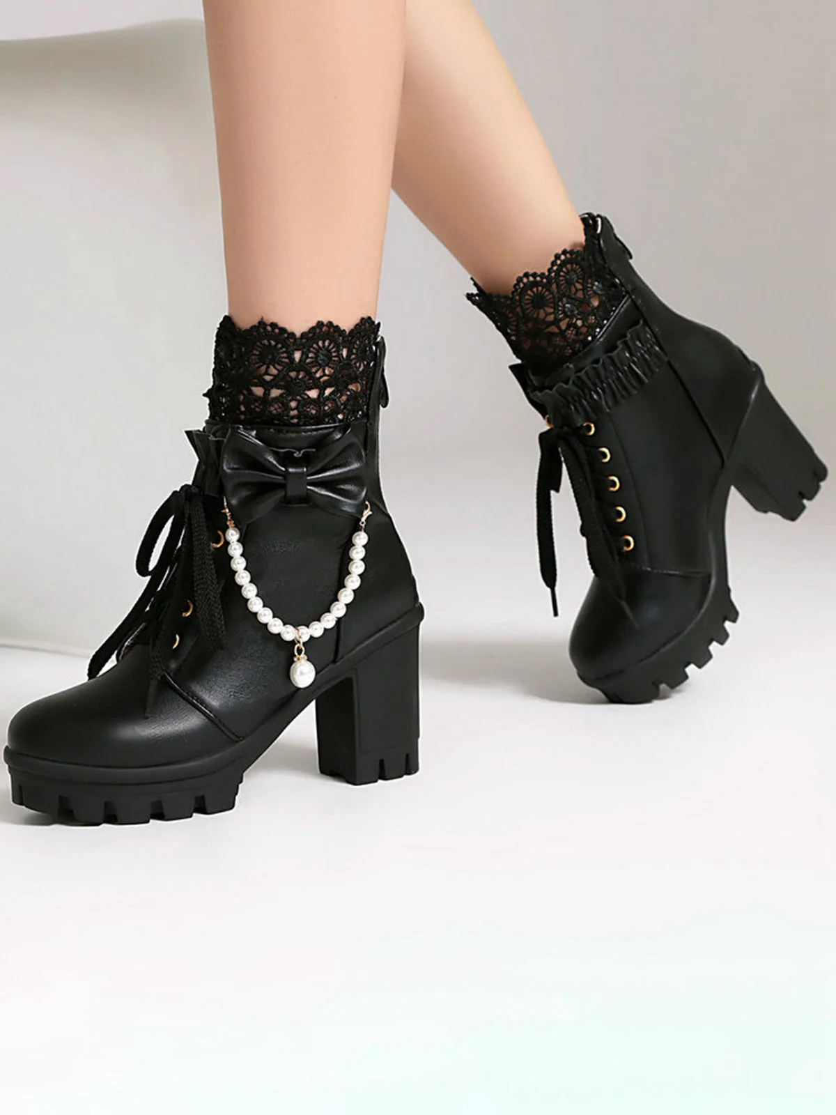 Bottes À Talons Épais Dentelle Perles Nœud Vintage - Image 2