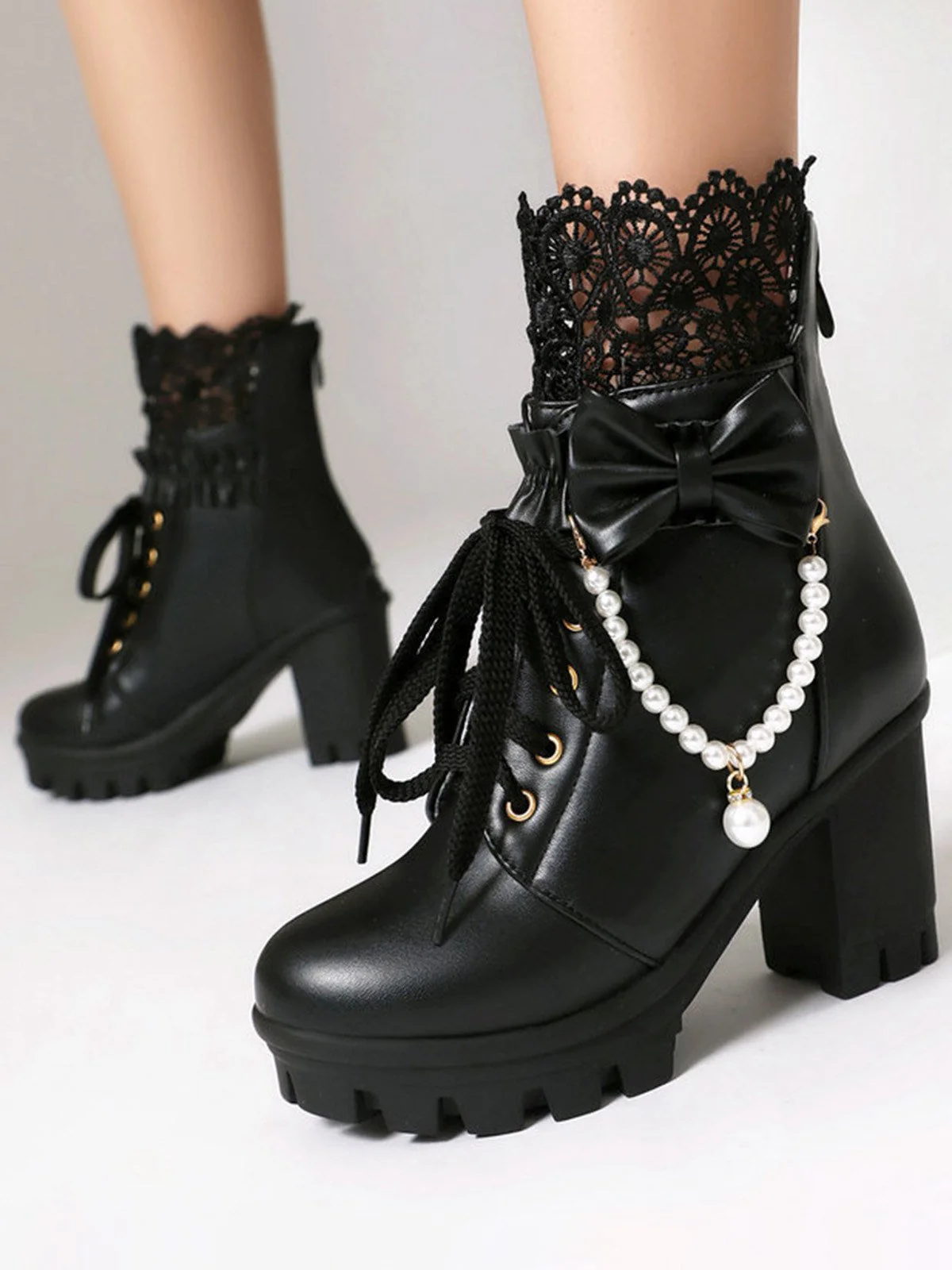Bottes À Talons Épais Dentelle Perles Nœud Vintage - Image 3