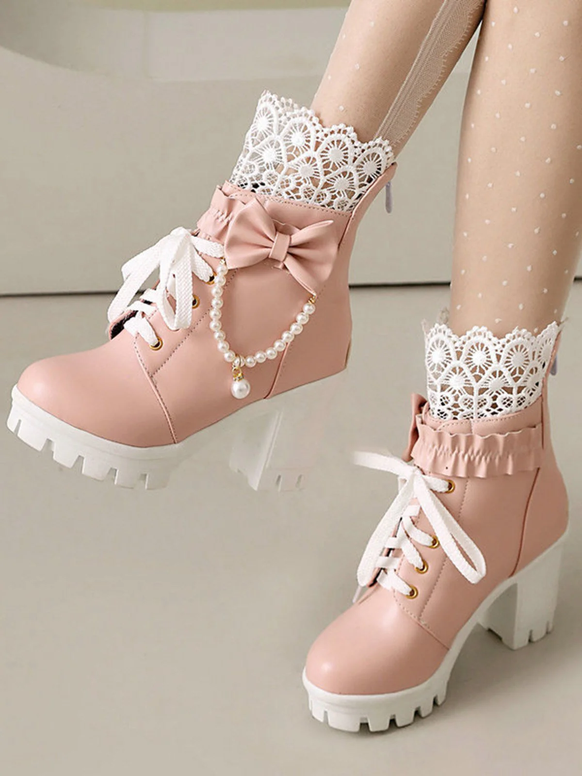 Bottes À Talons Épais Dentelle Perles Nœud Vintage - Image 5