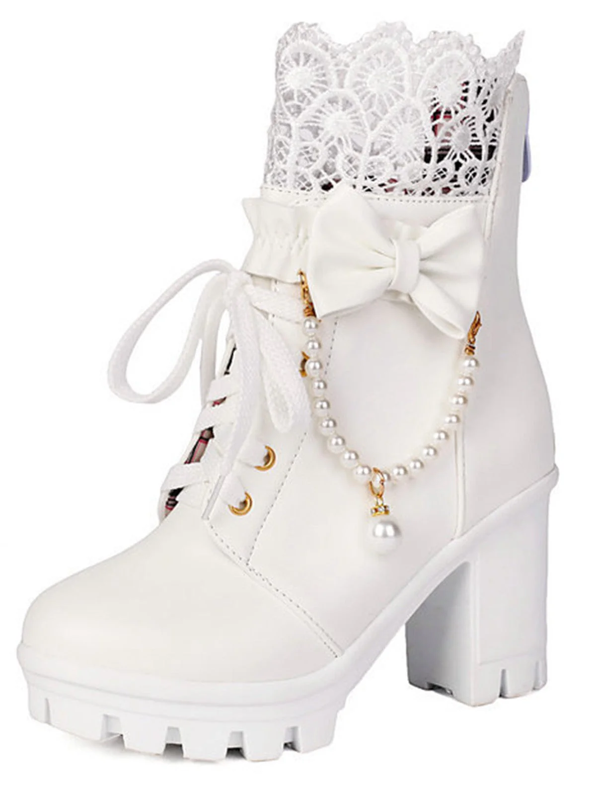 Bottes À Talons Épais Dentelle Perles Nœud Vintage - Image 8