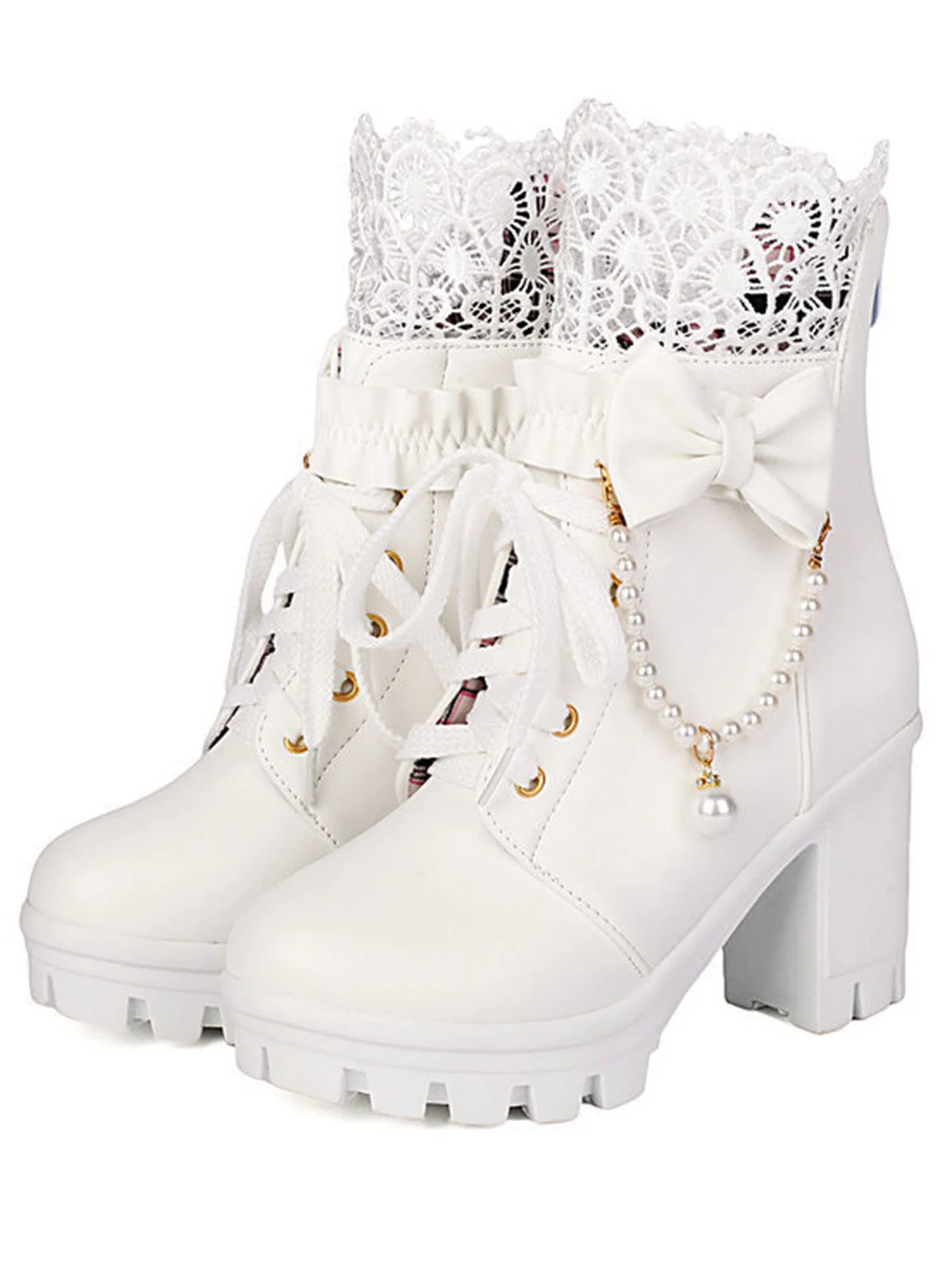 Bottes À Talons Épais Dentelle Perles Nœud Vintage - Image 9