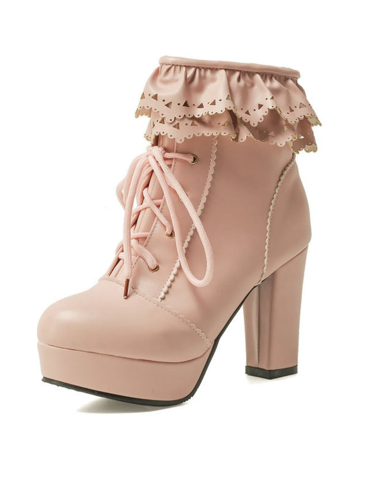 Bottes à talons hauts épais à lacets et volants vintage - Image 3