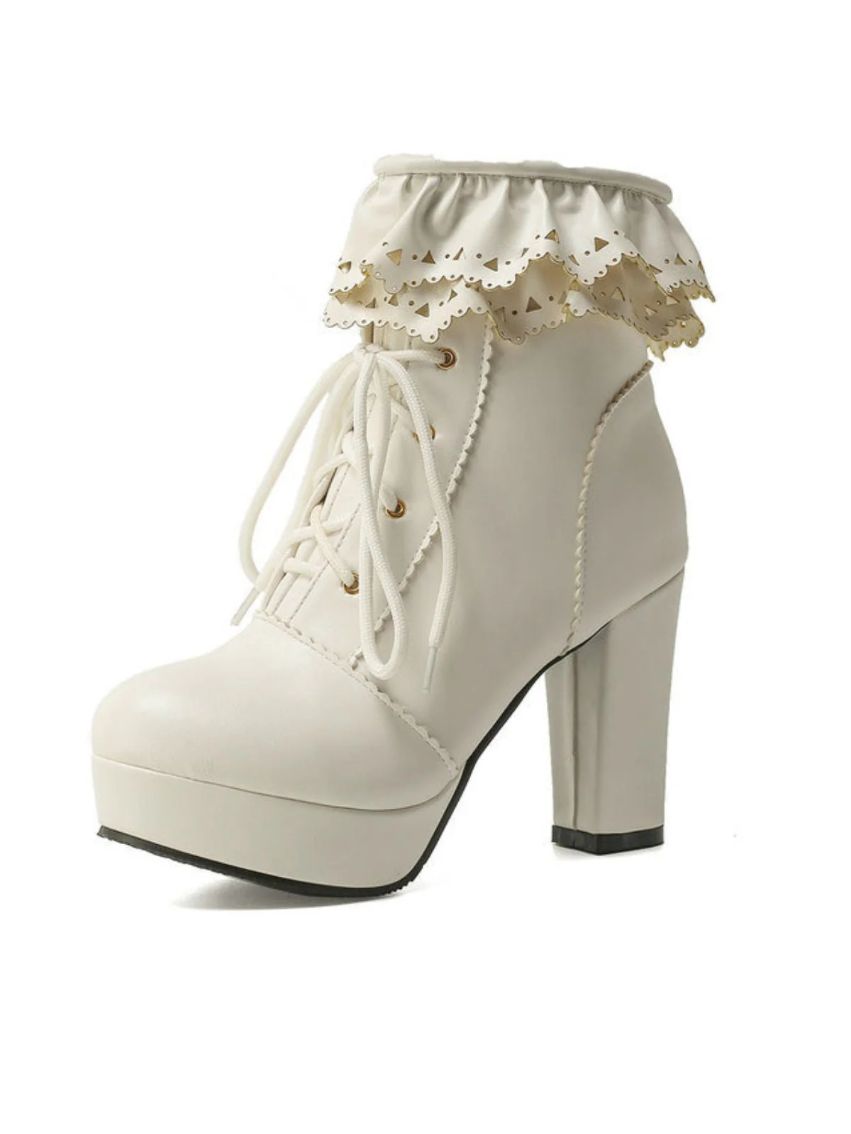 Bottes à talons hauts épais à lacets et volants vintage - Image 8