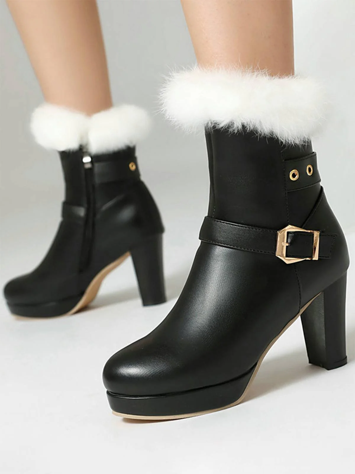 Bottes à talons hauts vintage en fausse fourrure avec boucle - Image 4