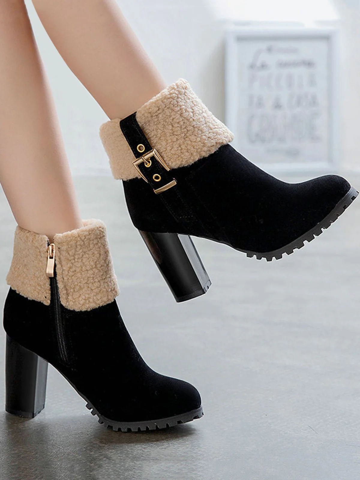 Bottes Courtes Retro Plus En Velours Gros Talons - Image 7