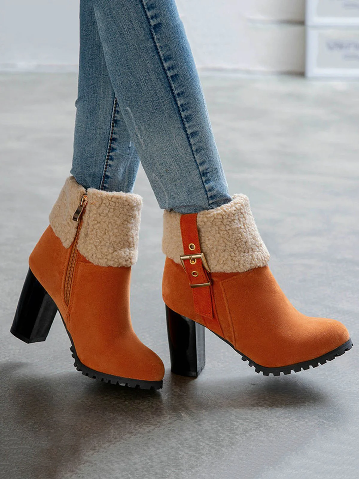 Bottes Courtes Retro Plus Velours Gros Talons - Image 10