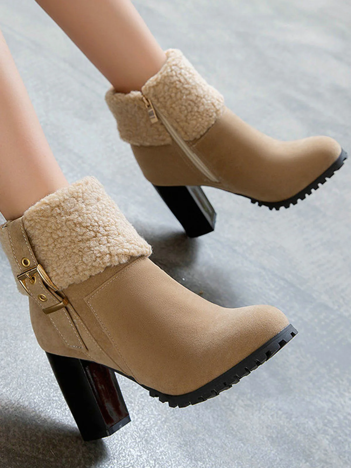 Bottes Courtes Retro Plus Velours Gros Talons - Image 12