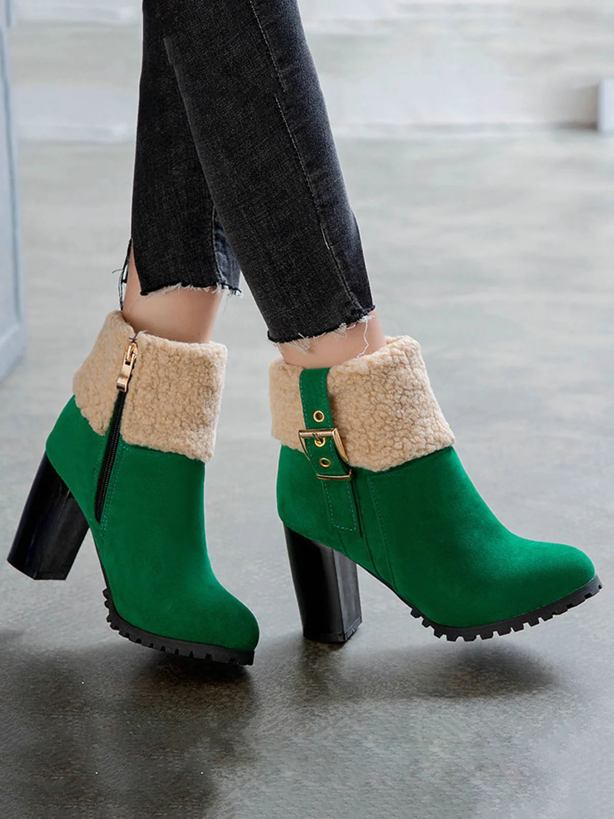 Bottes Courtes Retro Plus Velours Gros Talons - Image 8