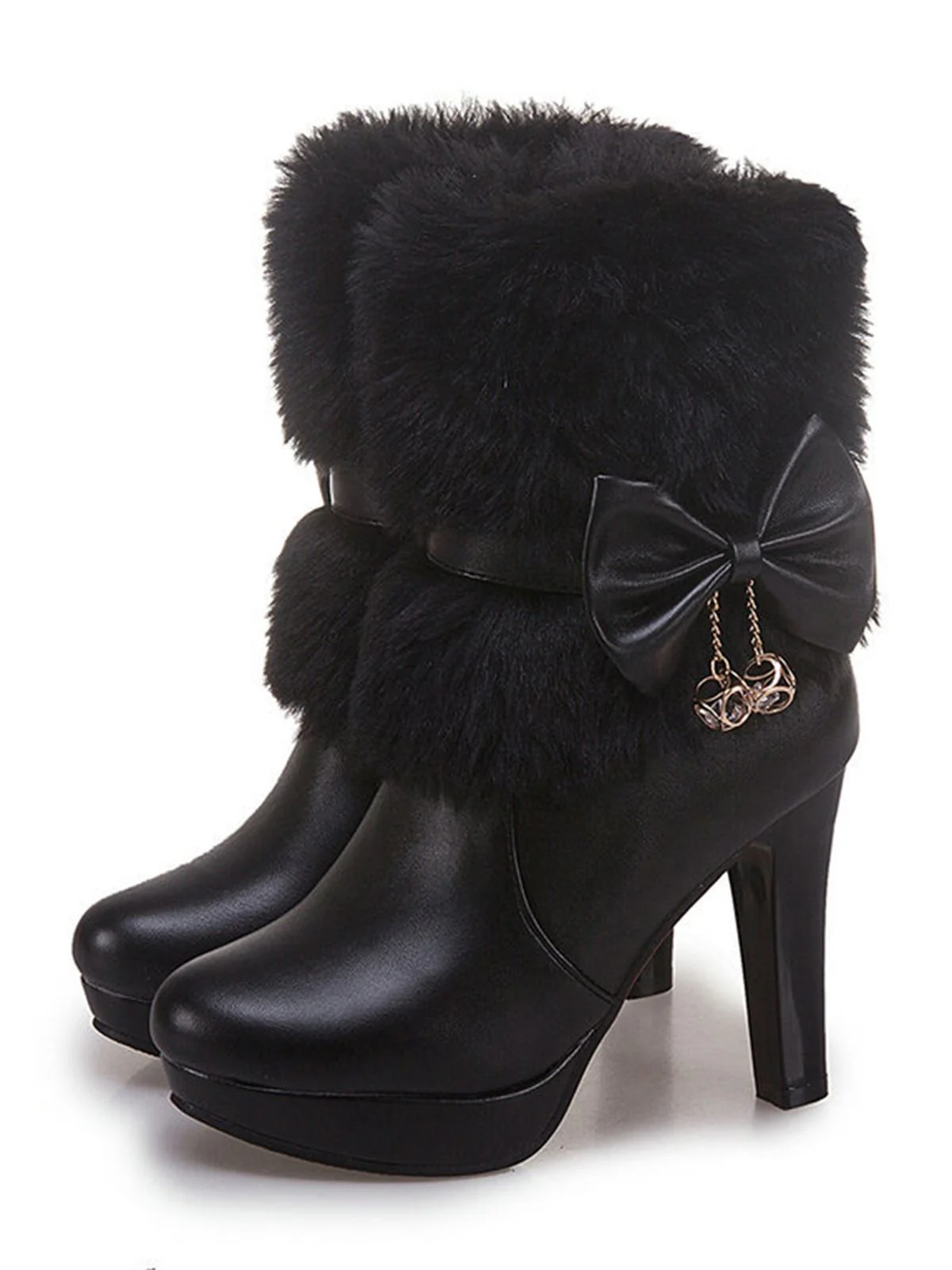 Bottes Courtes Rétro Unies Talons Épais Et Fourrure - Image 10