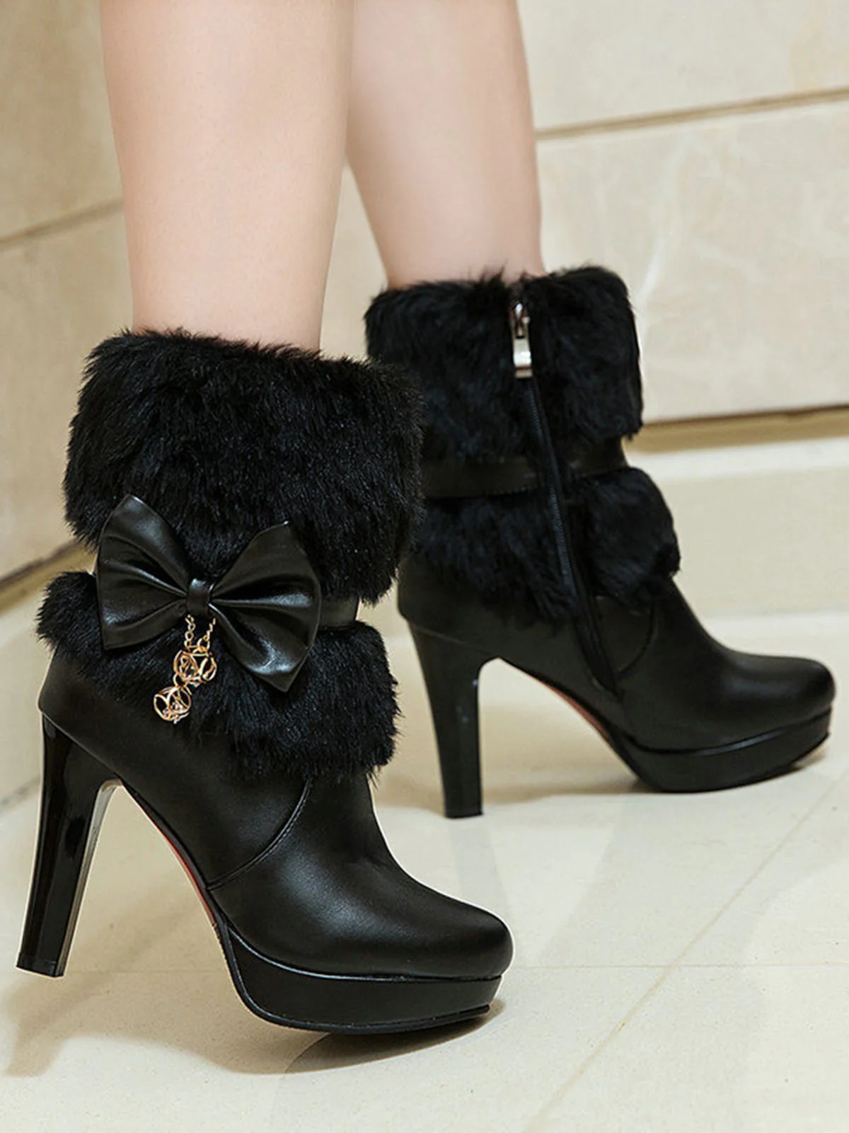 Bottes Courtes Rétro Unies Talons Épais Et Fourrure - Image 11