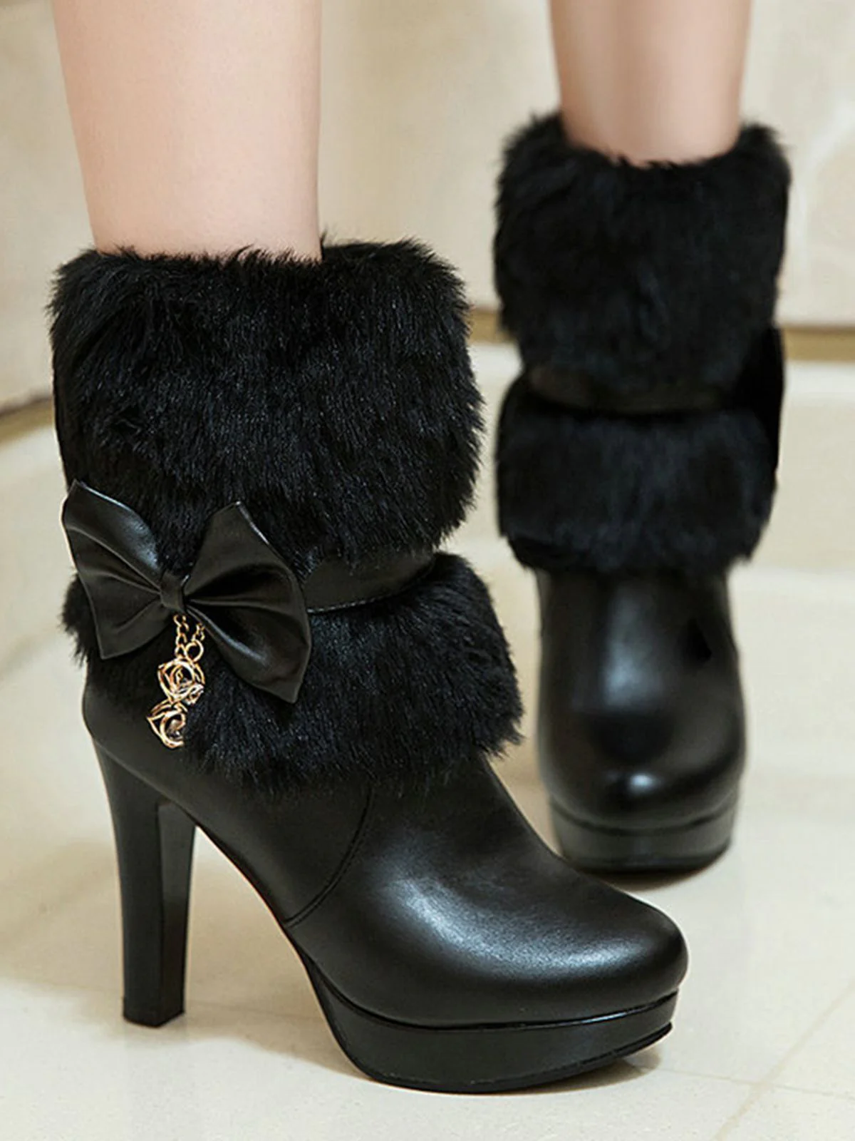 Bottes Courtes Rétro Unies Talons Épais Et Fourrure - Image 12