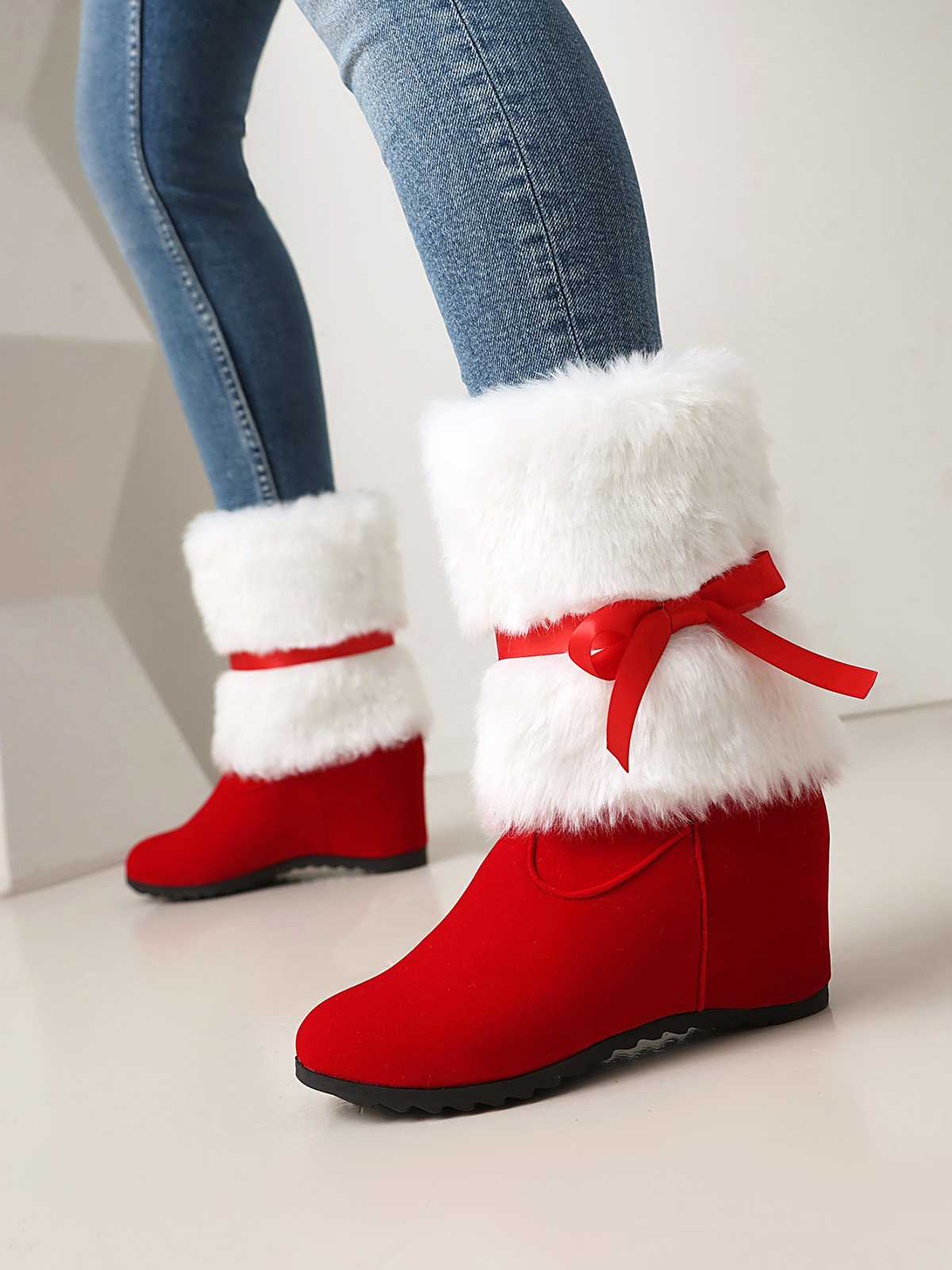 Bottes de Noël en patchwork de fourrure avec nœud - Image 6