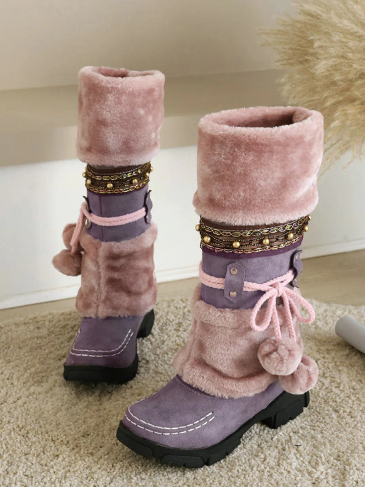 Bottes d'hiver vintage à pompons en fausse fourrure - Image 12
