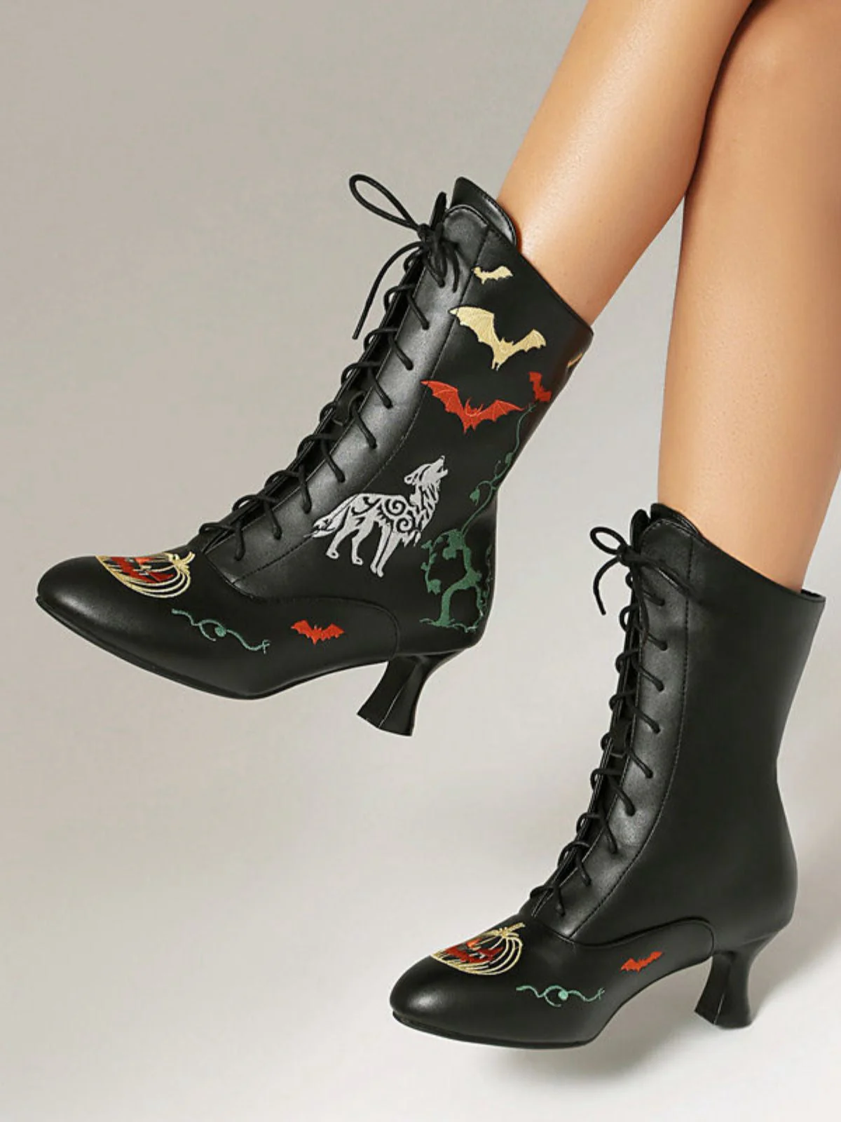 Bottes mi-mollet à lacets motif chauve-souris et citrouille d'Halloween - Image 5