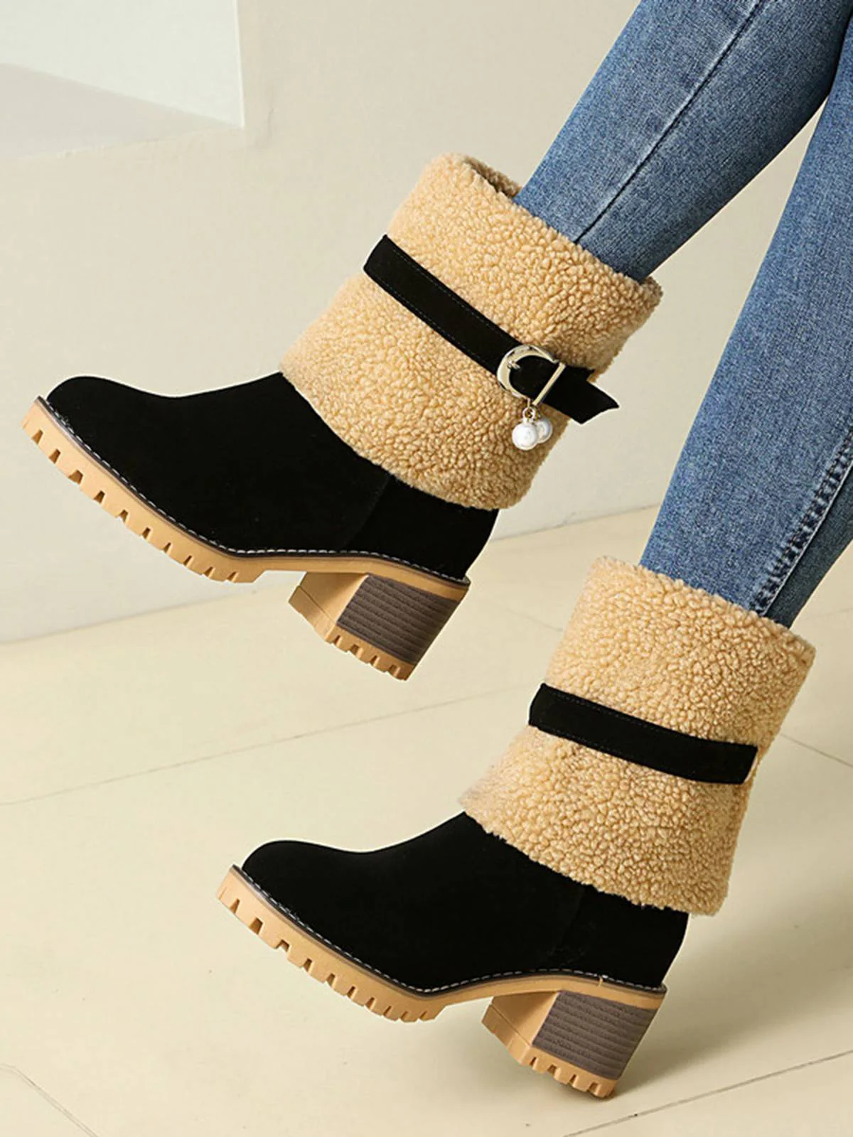 Bottes mi-mollet en polaire velours perle vintage - Image 8