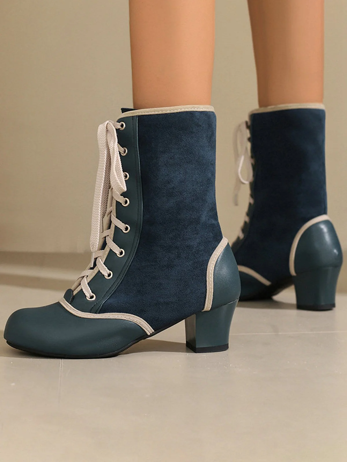 Bottes mi-mollet vintage à lacets en faux daim et cuir - Image 13