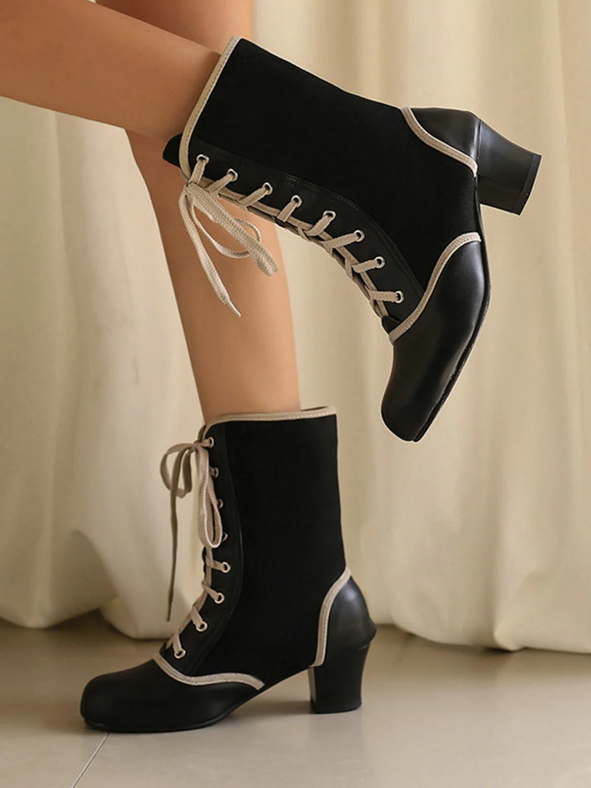 Bottes mi-mollet vintage à lacets en faux daim et cuir - Image 3