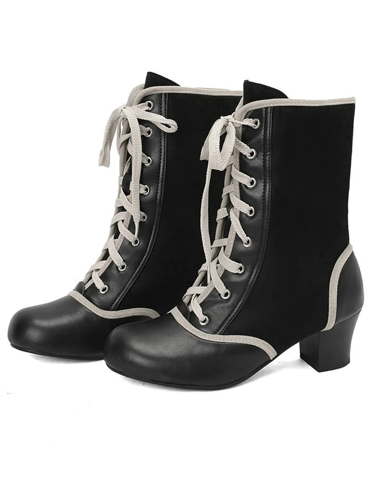 Bottes mi-mollet vintage à lacets en faux daim et cuir - Image 4