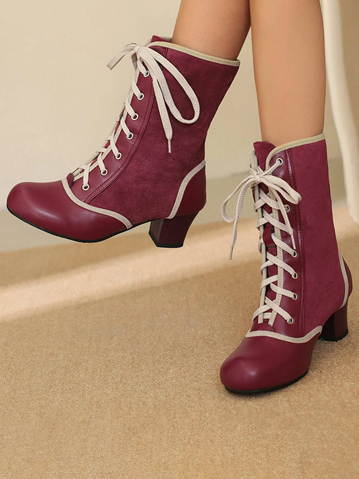 Bottes mi-mollet vintage à lacets en faux daim et cuir - Image 6