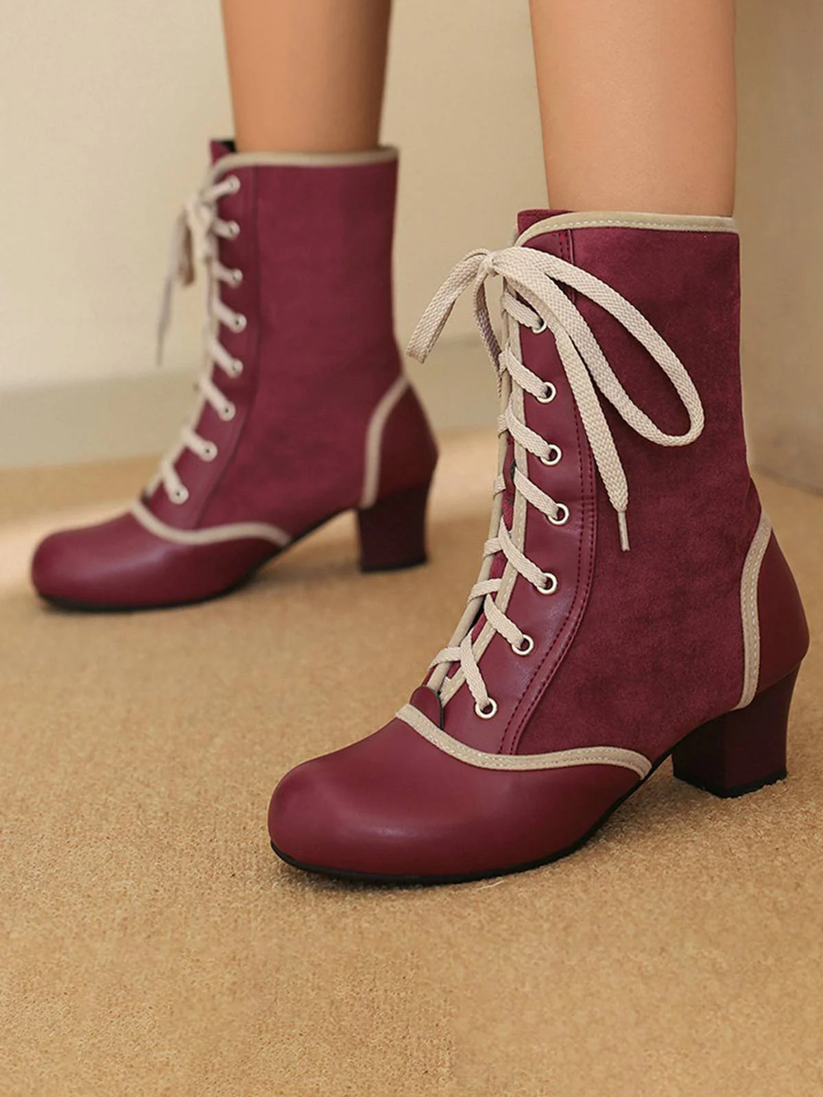 Bottes mi-mollet vintage à lacets en faux daim et cuir - Image 7