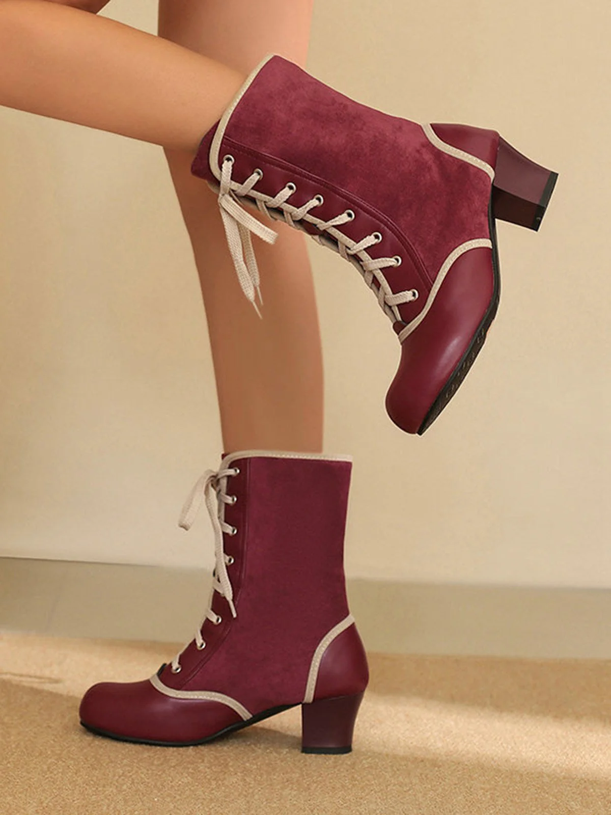 Bottes mi-mollet vintage à lacets en faux daim et cuir - Image 8