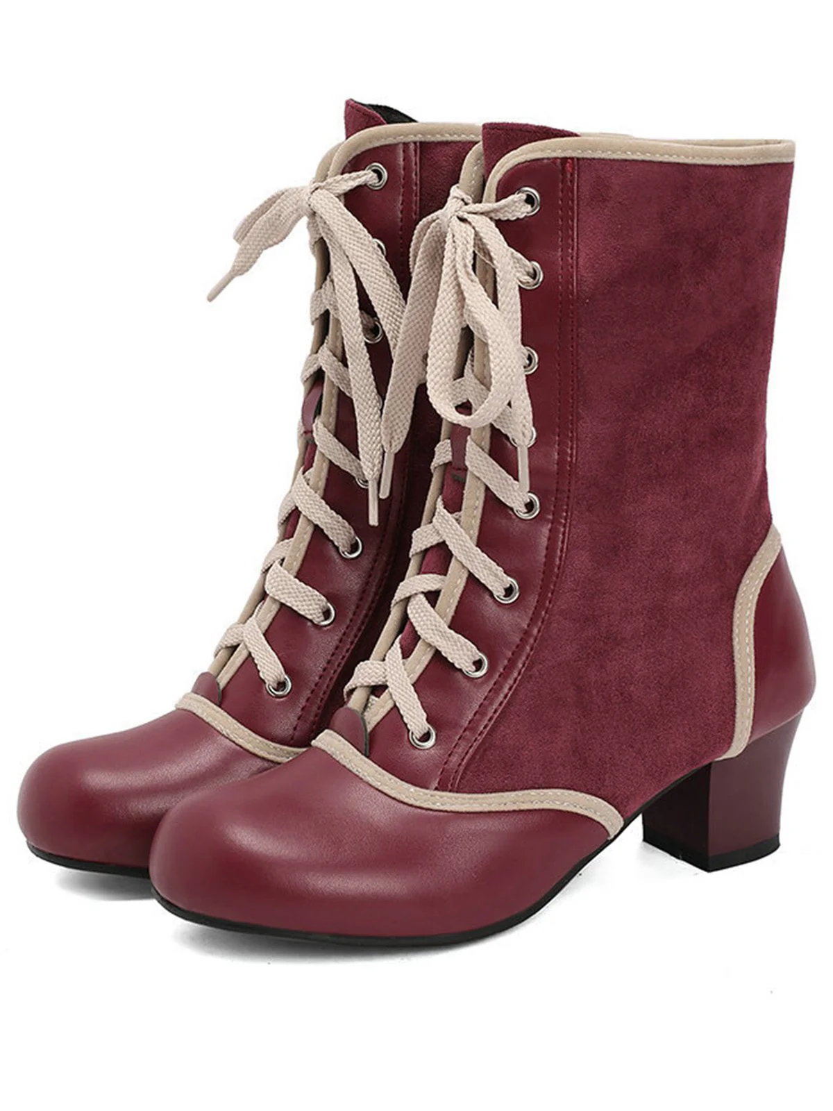 Bottes mi-mollet vintage à lacets en faux daim et cuir - Image 9