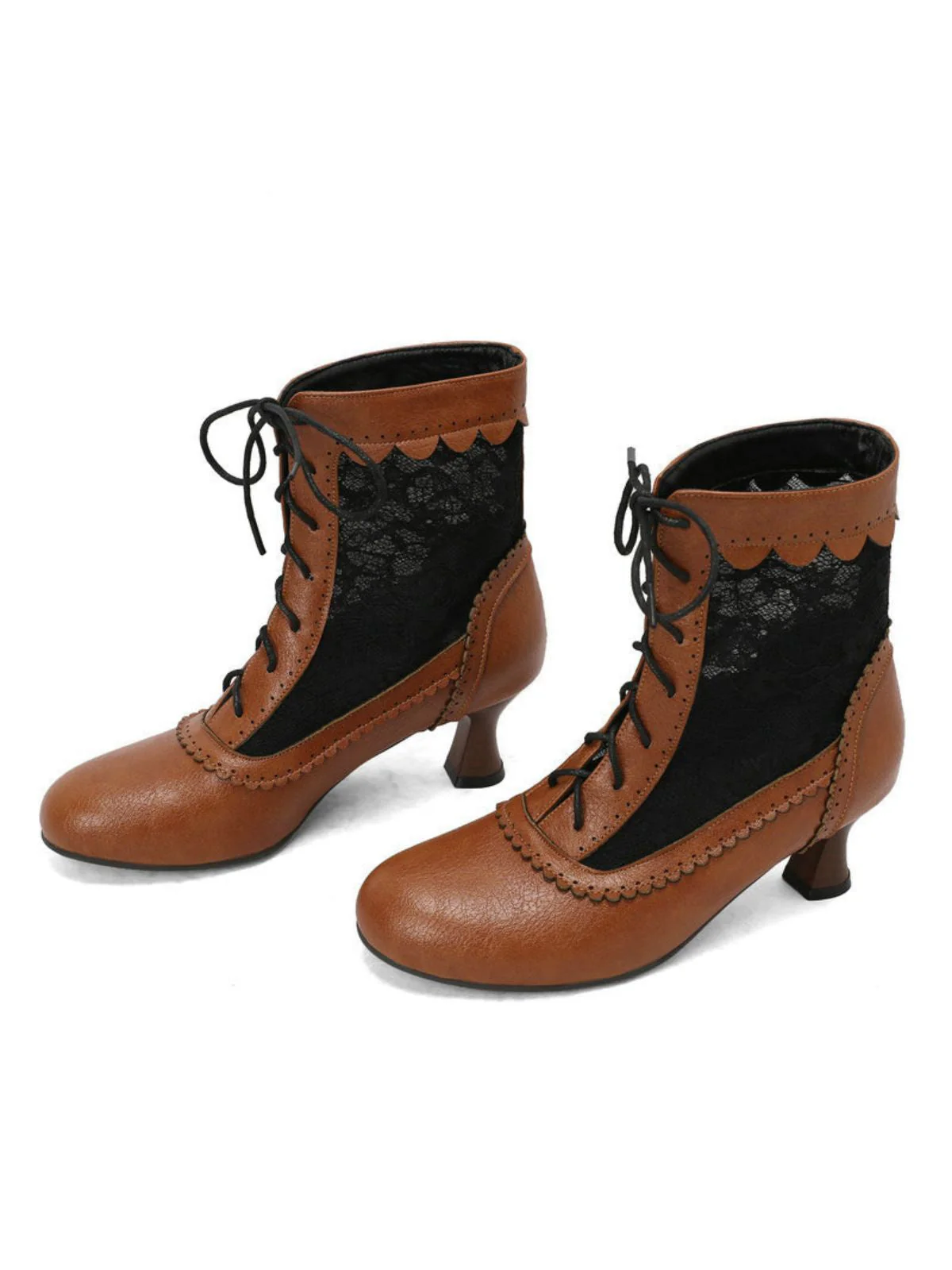 Bottes vintage petits talons dentelle florale - Image 3
