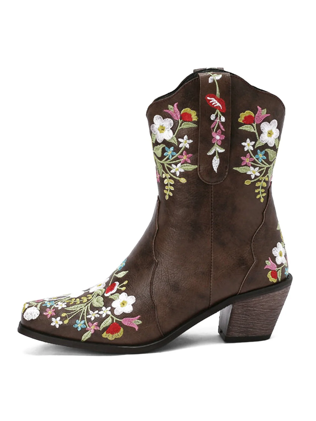 Bottes vintage pointues à talons compensés brodées de fleurs - Image 2