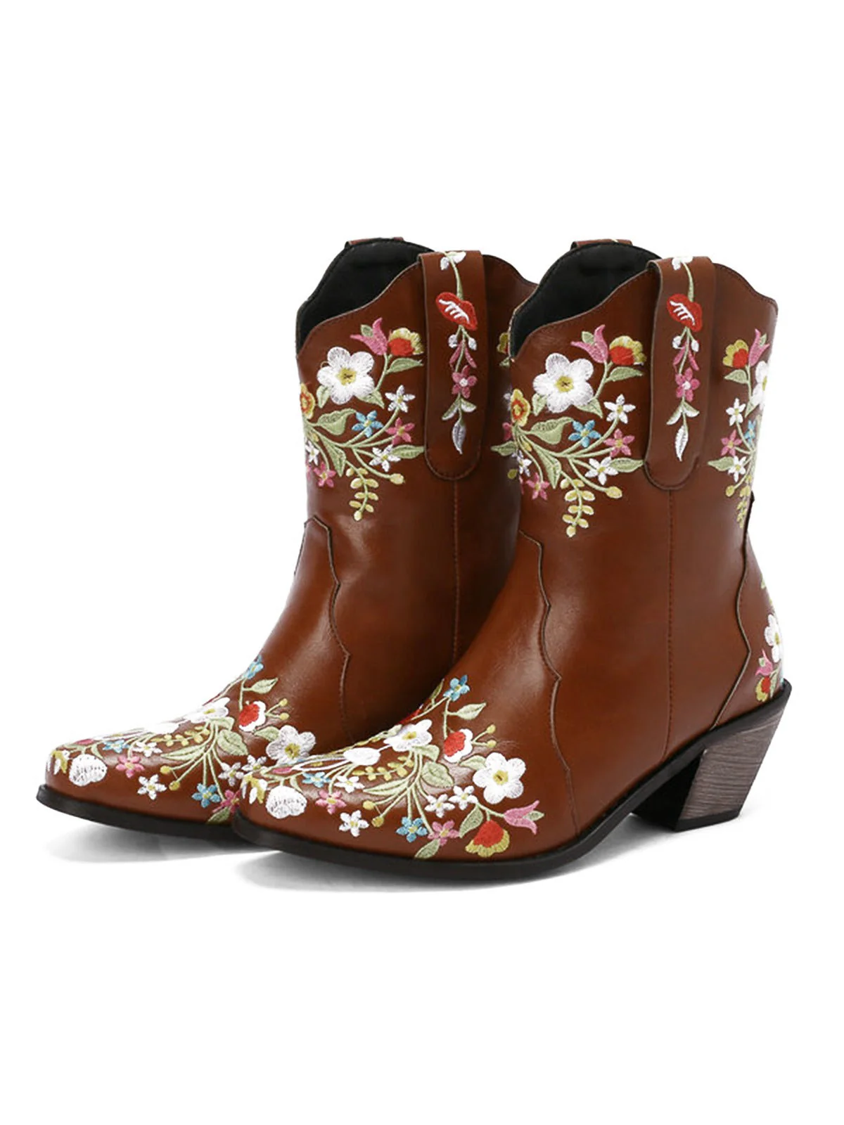 Bottes vintage pointues à talons compensés brodées de fleurs - Image 4
